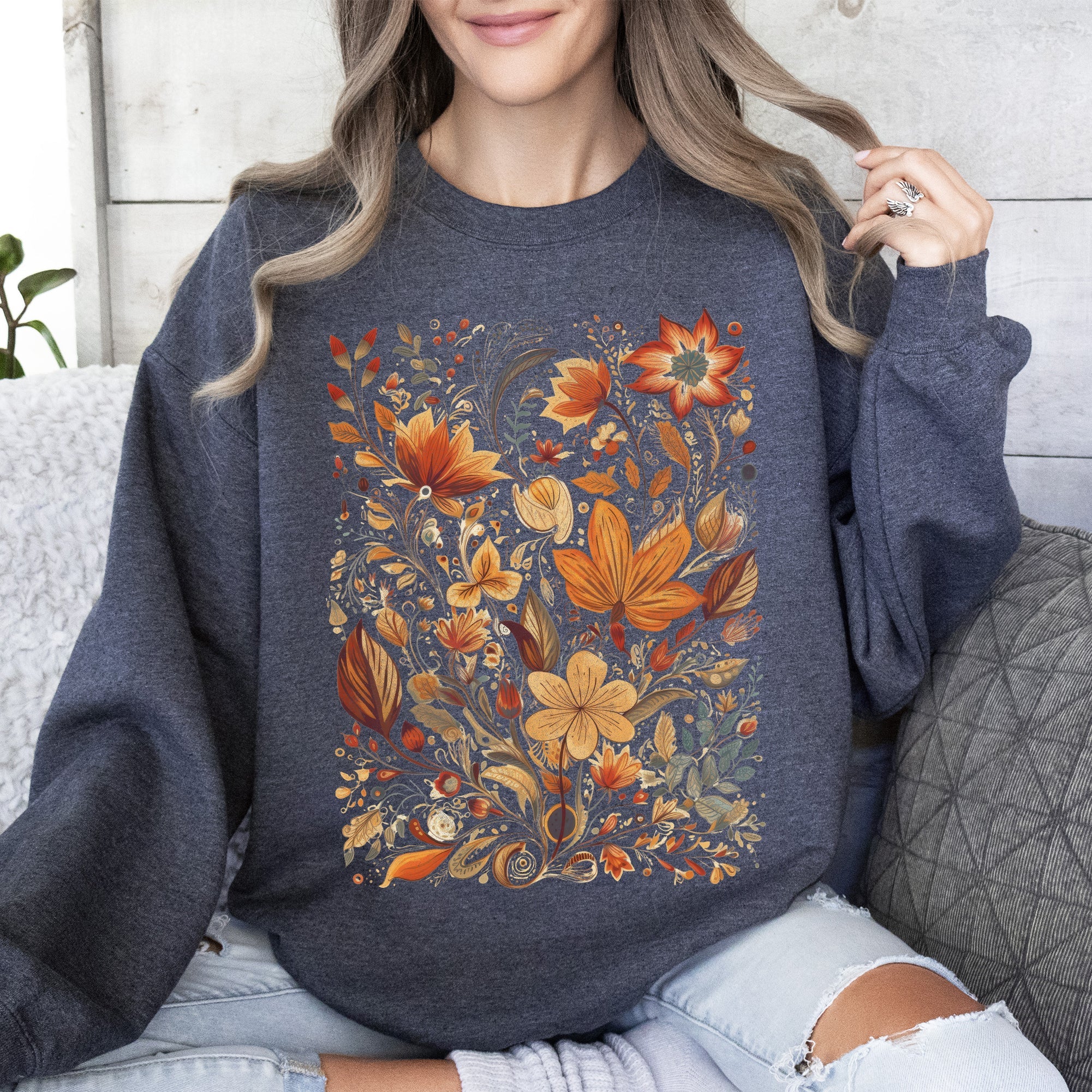 Dried Pressed Leaves And Floral Design With Nature Themed Botanical Motifs For Outdoors Lovers Sweatshirt