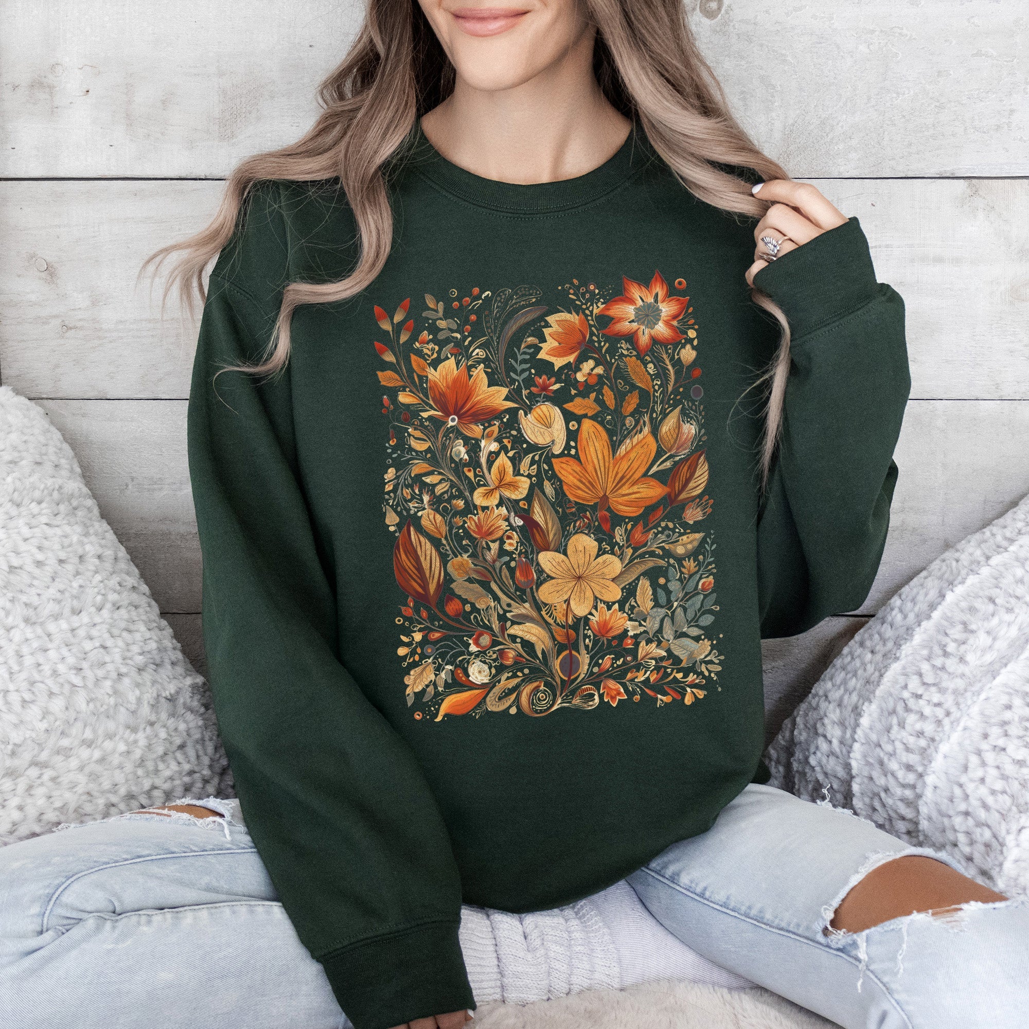 Dried Pressed Leaves And Floral Design With Nature Themed Botanical Motifs For Outdoors Lovers Sweatshirt
