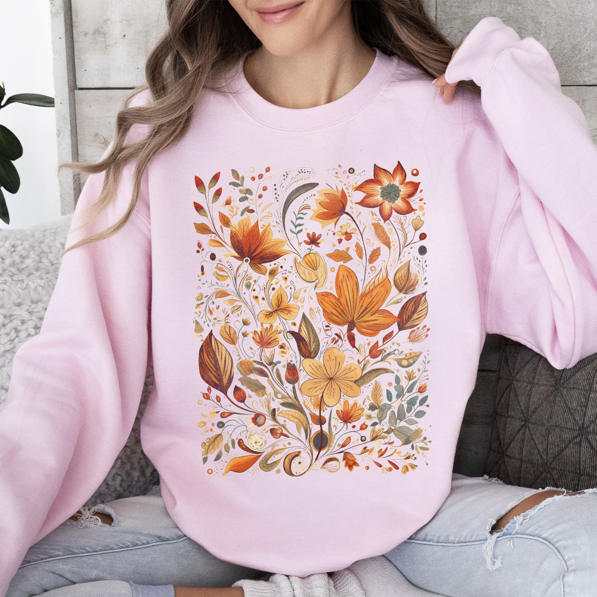 Dried Pressed Leaves And Floral Design With Nature Themed Botanical Motifs For Outdoors Lovers Sweatshirt