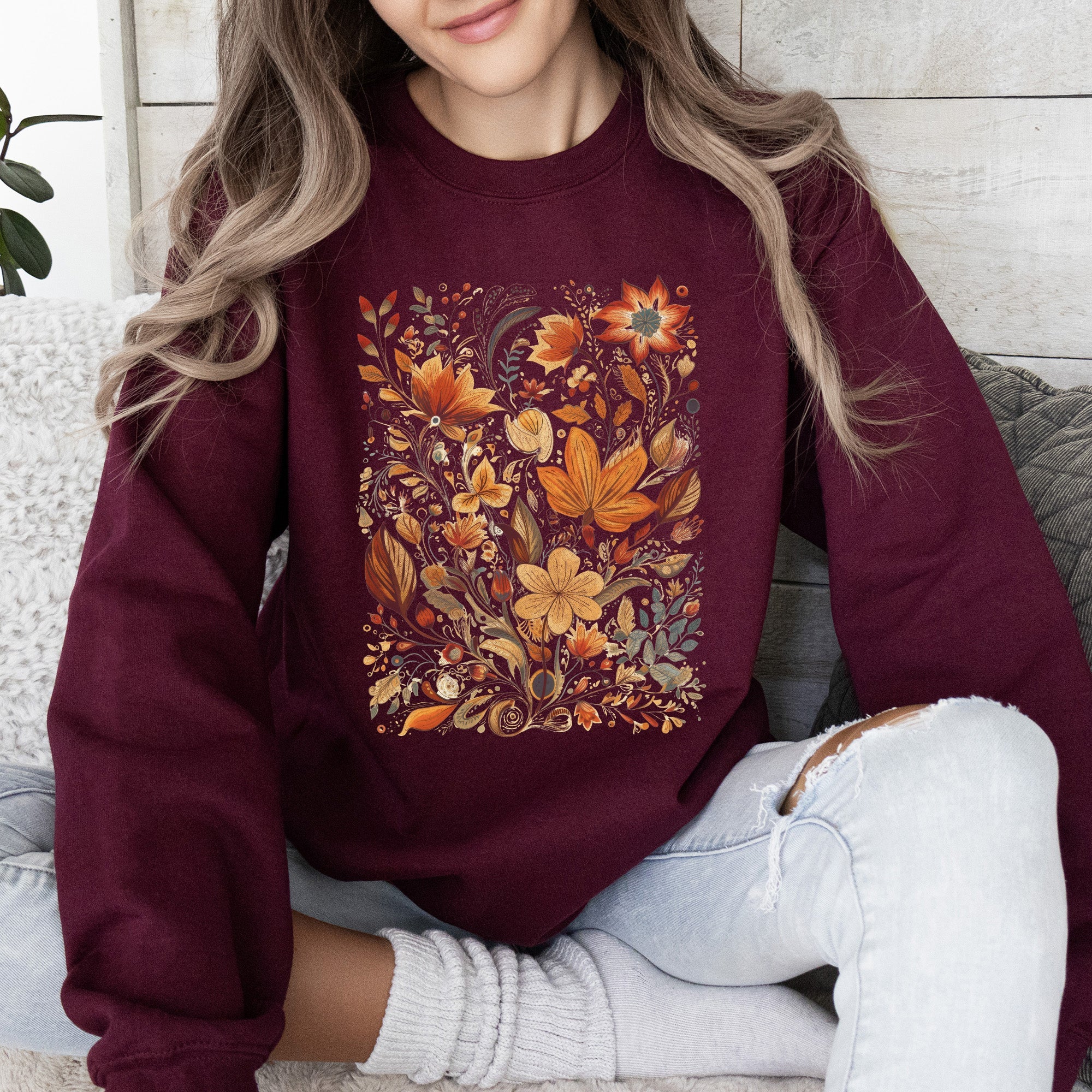 Dried Pressed Leaves And Floral Design With Nature Themed Botanical Motifs For Outdoors Lovers Sweatshirt