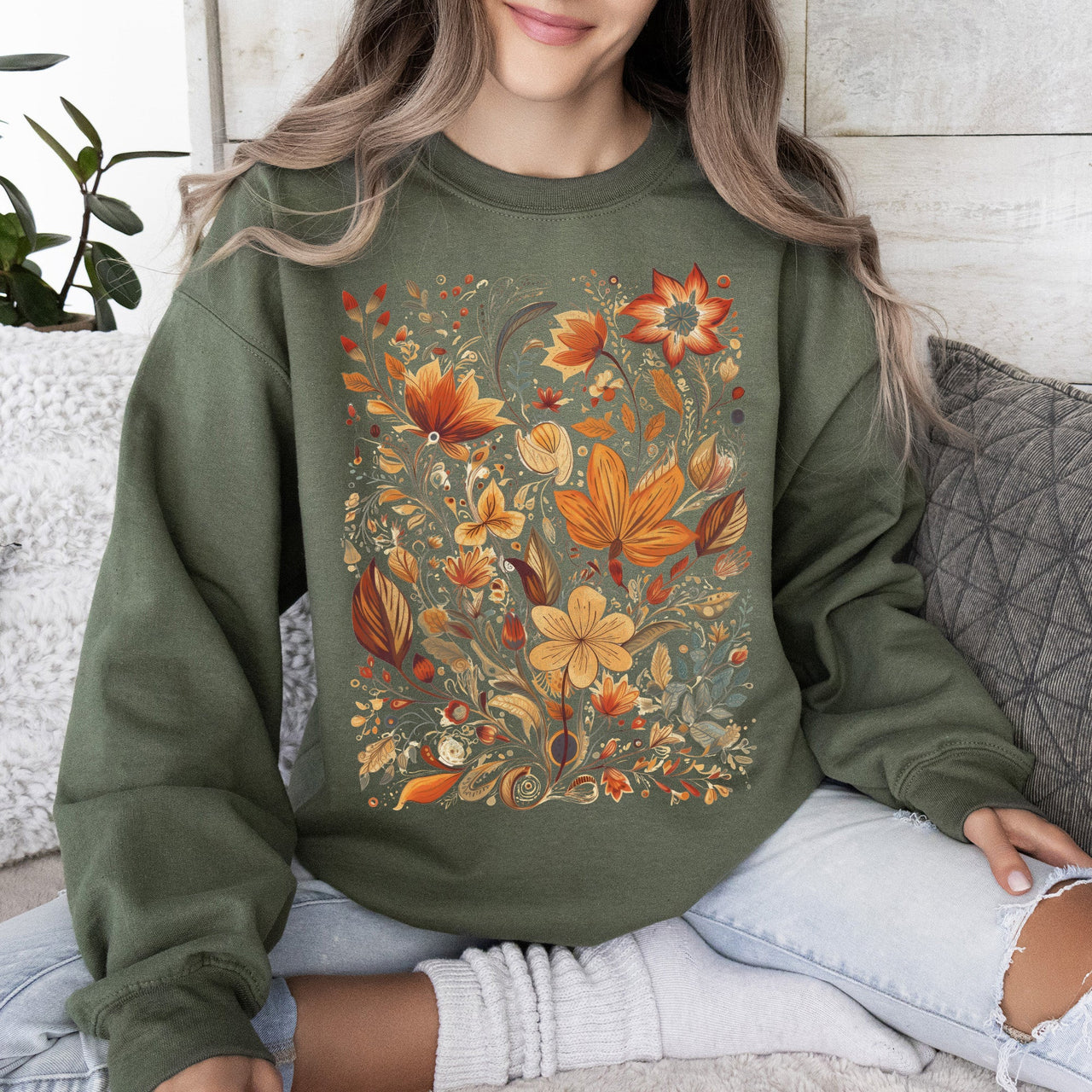 Dried Pressed Leaves And Floral Design With Nature Themed Botanical Motifs For Outdoors Lovers Sweatshirt