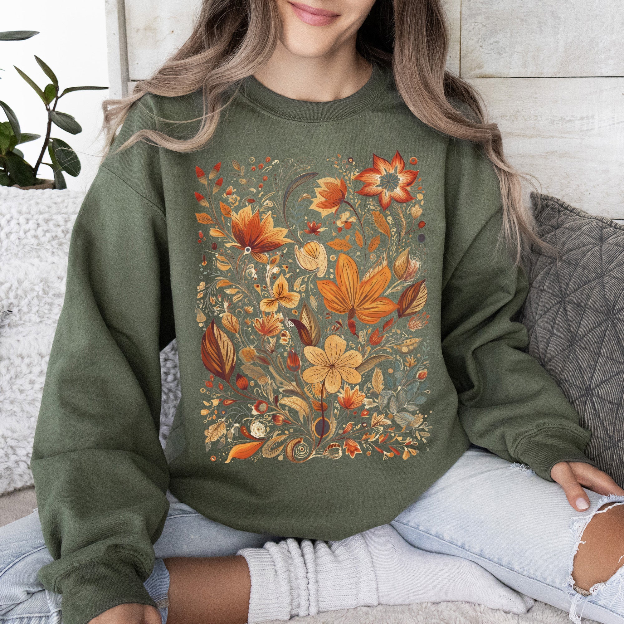 Dried Pressed Leaves And Floral Design With Nature Themed Botanical Motifs For Outdoors Lovers Sweatshirt