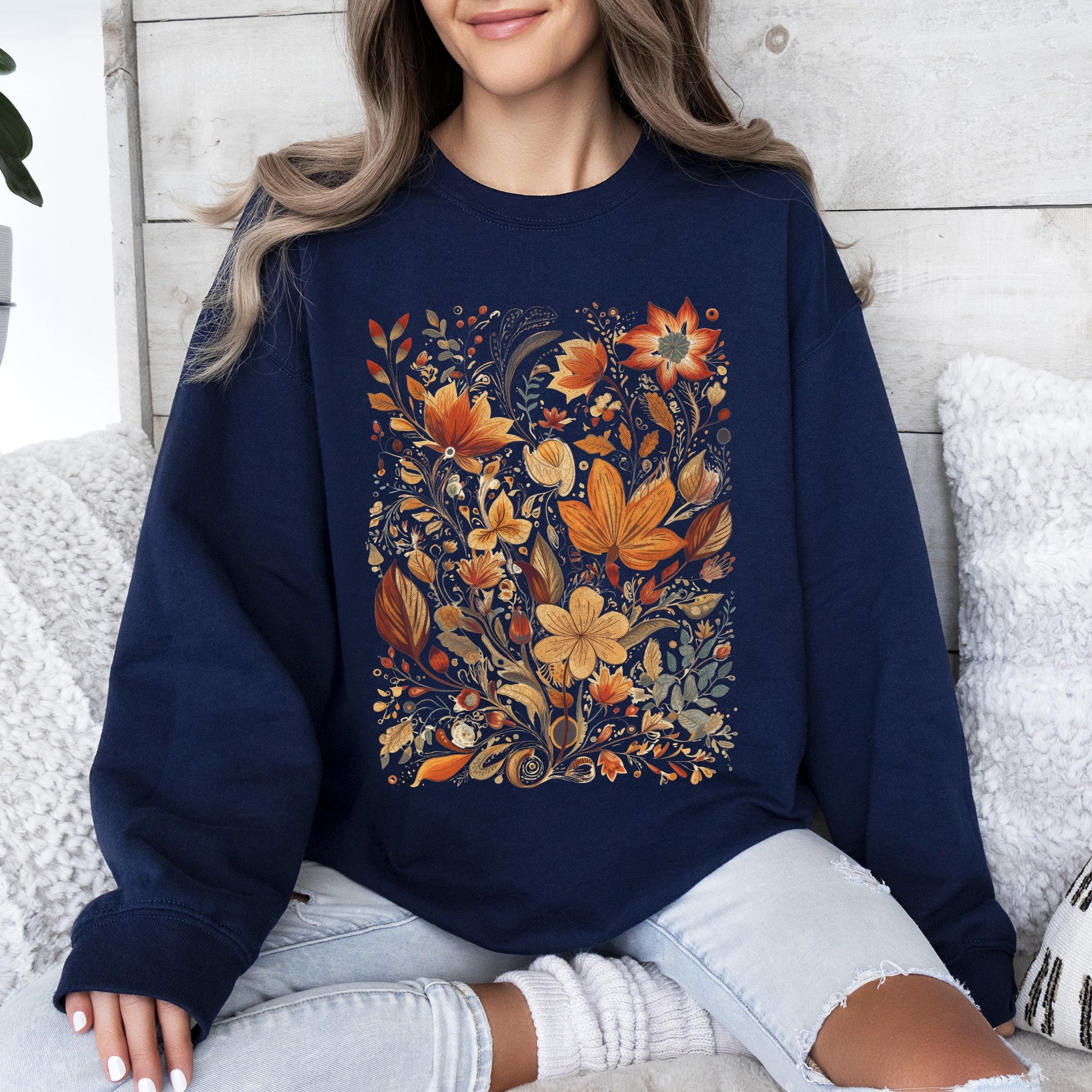 Dried Pressed Leaves And Floral Design With Nature Themed Botanical Motifs For Outdoors Lovers Sweatshirt