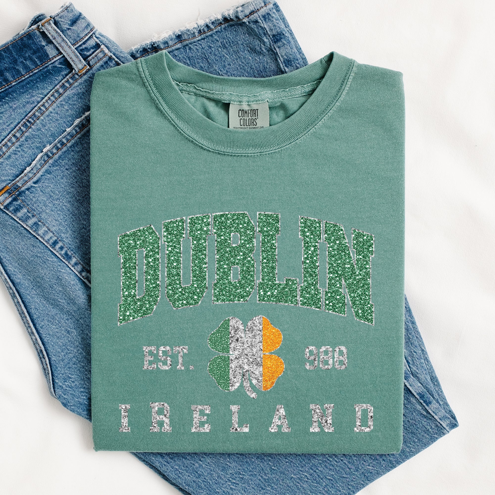Dublin Faux Glitter St Patrick's Day Shamrock Clover Leprechaun Comfort Colors Tee