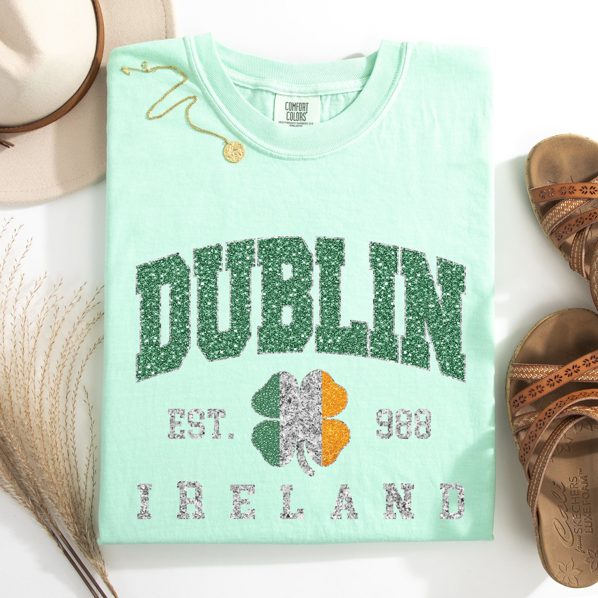 Dublin Faux Glitter St Patrick's Day Shamrock Clover Leprechaun Comfort Colors Tee