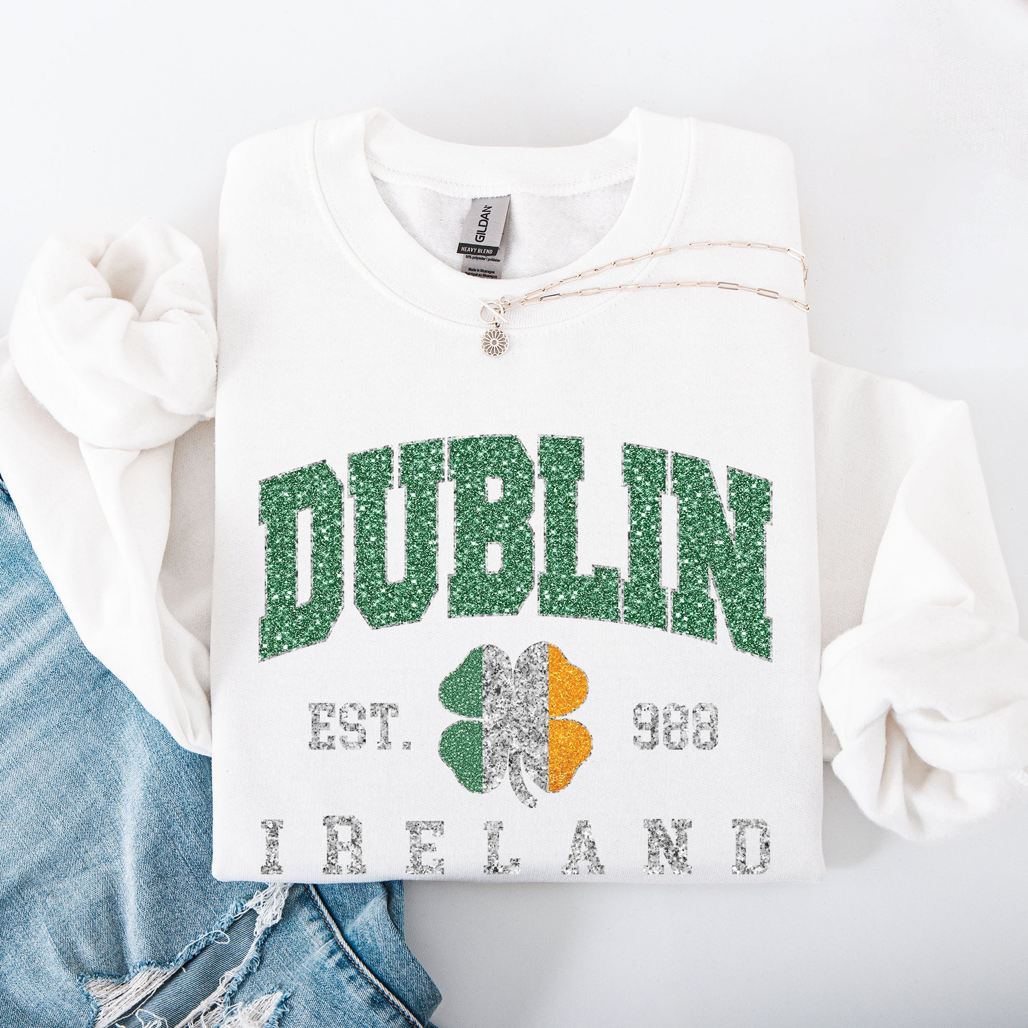 Dublin Leprechaun Faux Glitter St Patrick's Day Shamrock Clover Graphic Sweatshirt