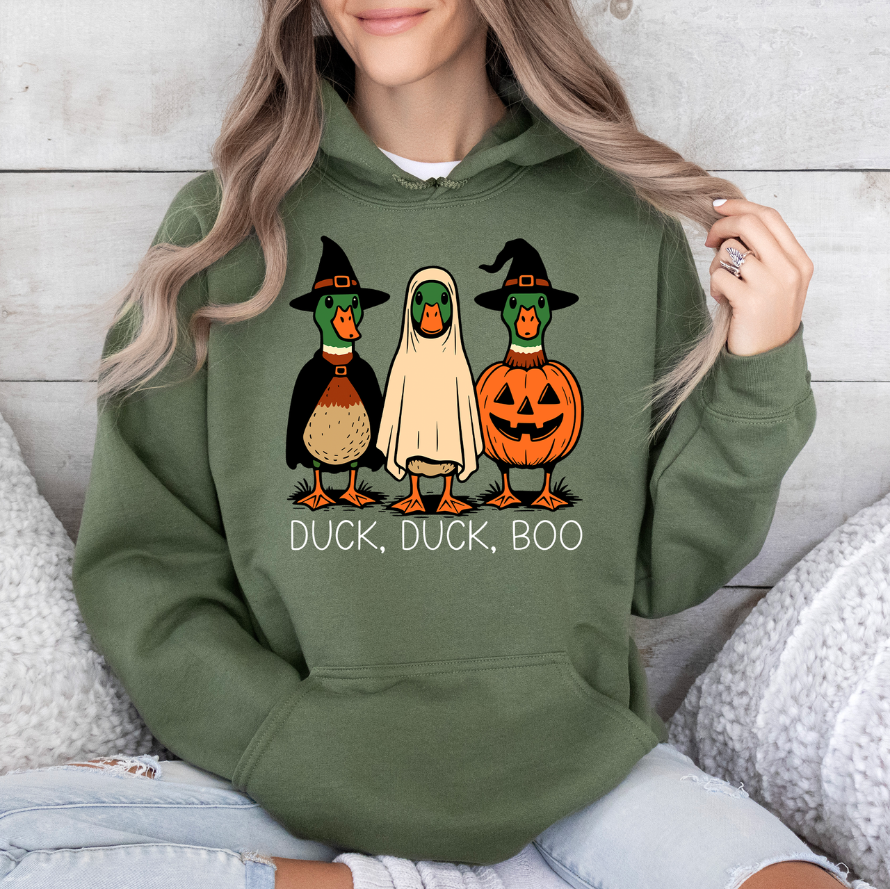 Duck Duck Boo Halloween Goose Ghost Witch Trick Or Treat Spooky Season Graphic Hoodie