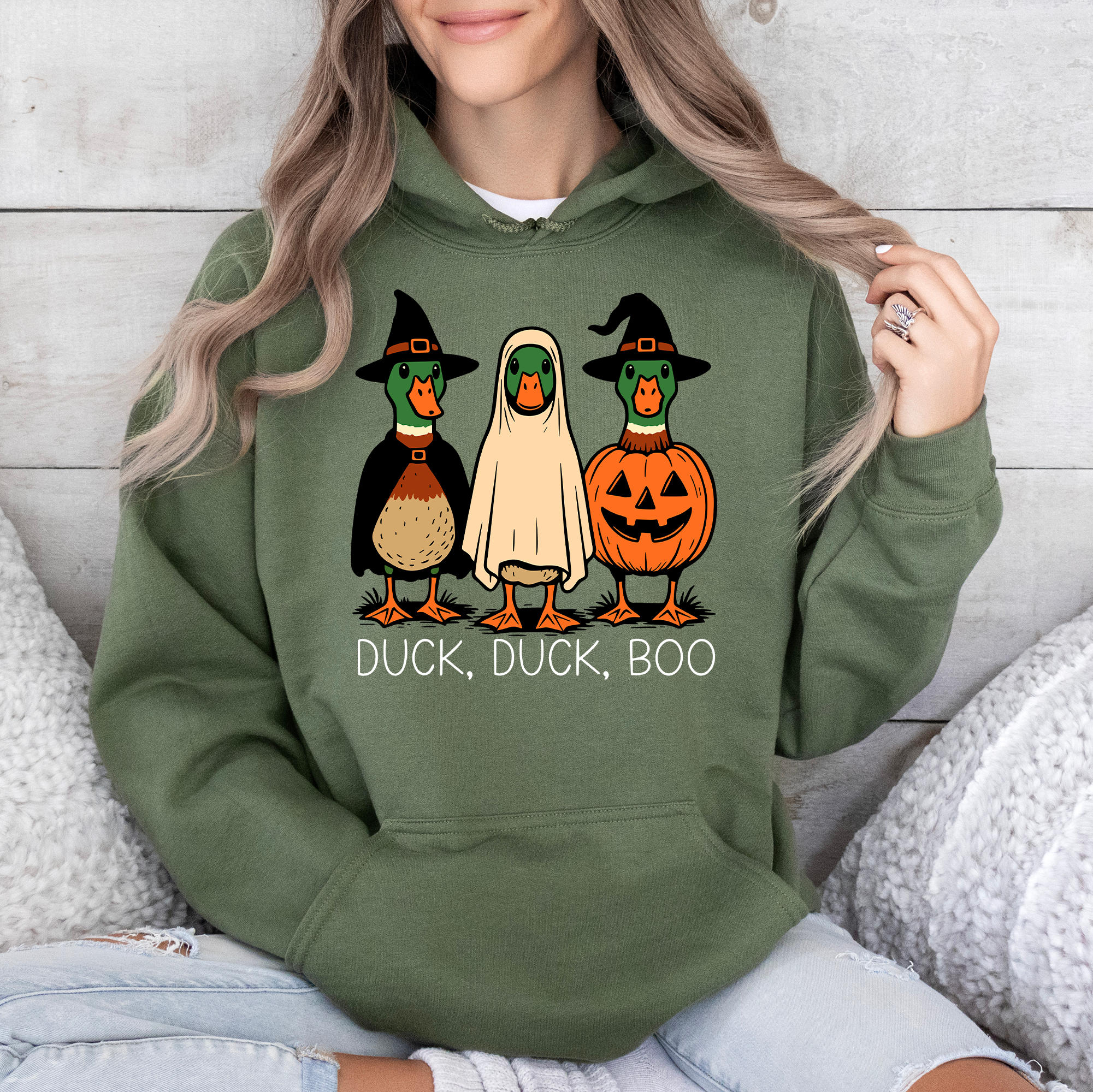 Duck Duck Boo Halloween Goose Ghost Witch Trick Or Treat Spooky Season Graphic Hoodie