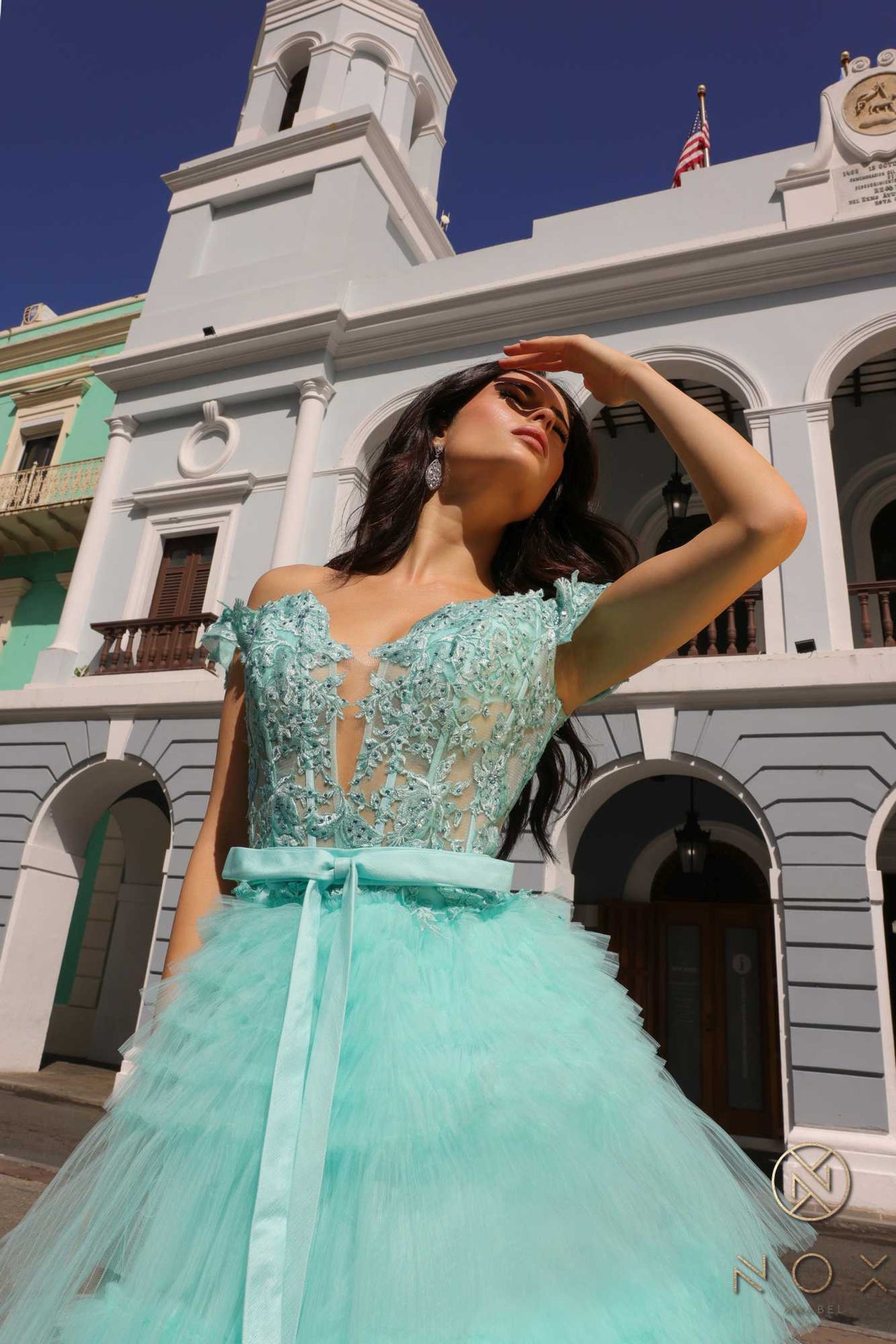 Nox Anabel E1293 Long Off the Shoulder Sweetheart Ruffled Tiered Tulle Gown
