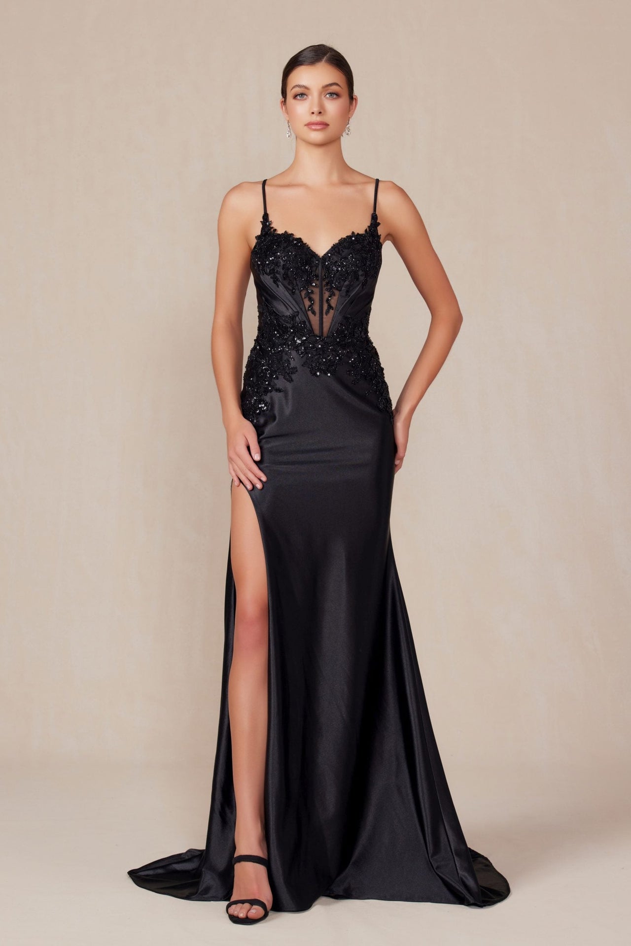 Nox Anabel E1488 Luxurious Shiny Satin Material A Sweetheart Neckline & Slit