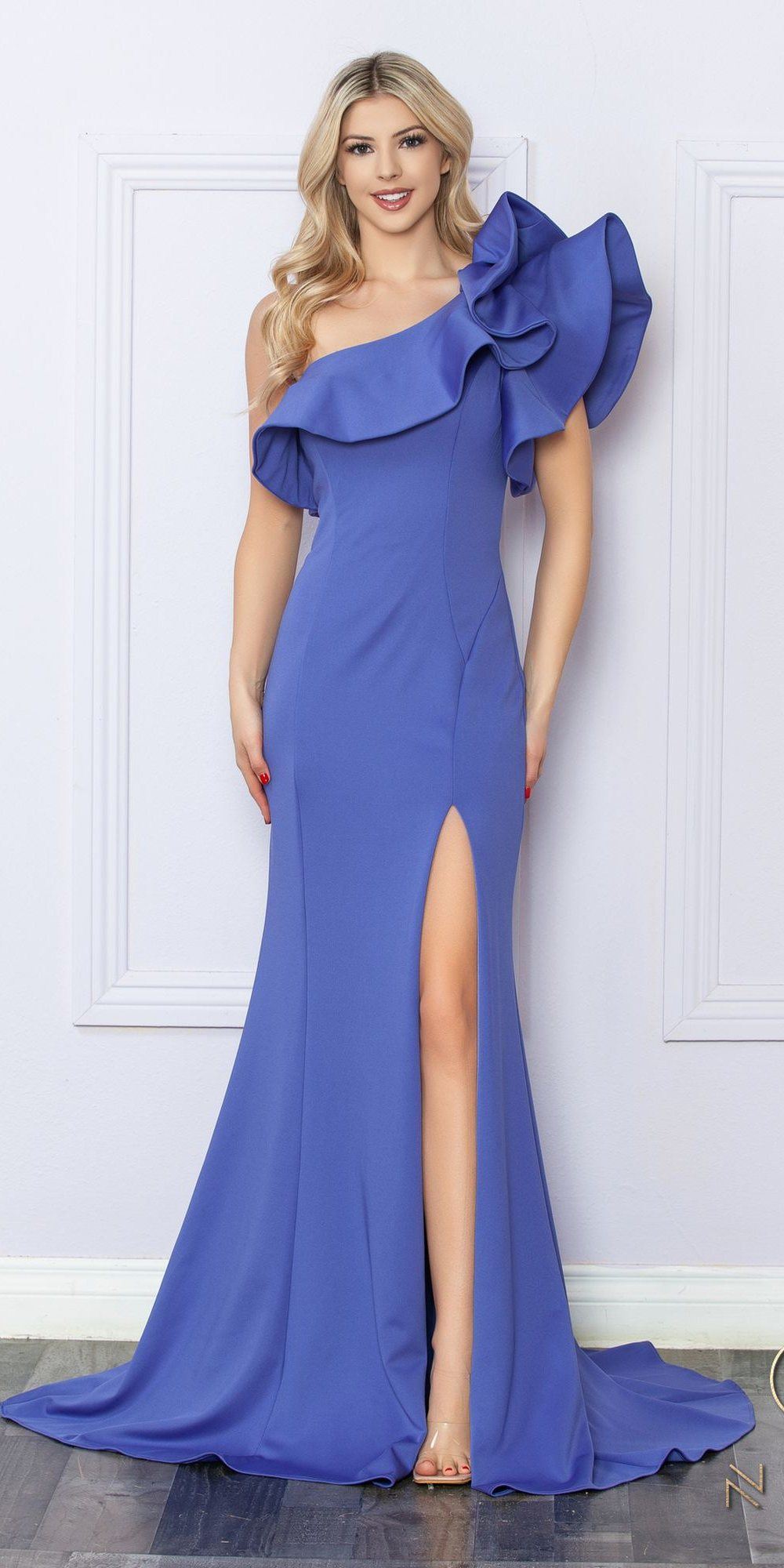 Nox Anabel E467 Long Sheath One Shoulder Ruffle Overlay Strap Gown