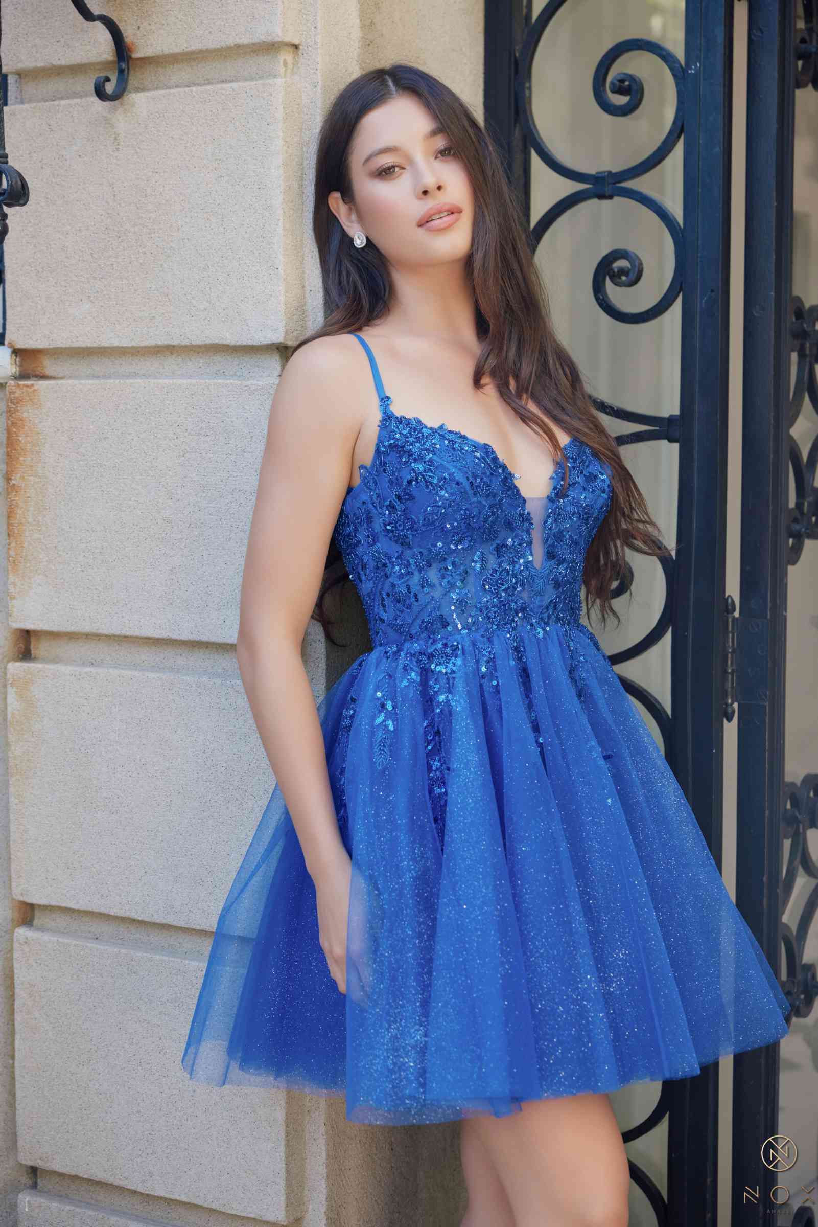 Nox Anabel E902 Short A-Line Applique Sleeveless Homecoming Dress