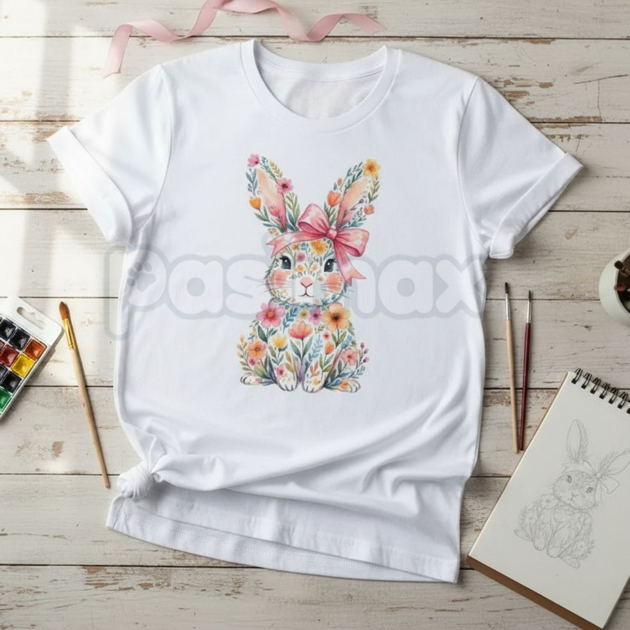 Easter Bunny with Pink Bow & Colorful Swirls T-Shirt - Vibrant Spring Floral Graphic Tee, Premium 100% Cotton Easter Holiday Top, Aesthetic Bunny Lover Gift, Colorful Artistic Swirls Shirt, Soft Lived-In Heavyweight Seasonal Apparel