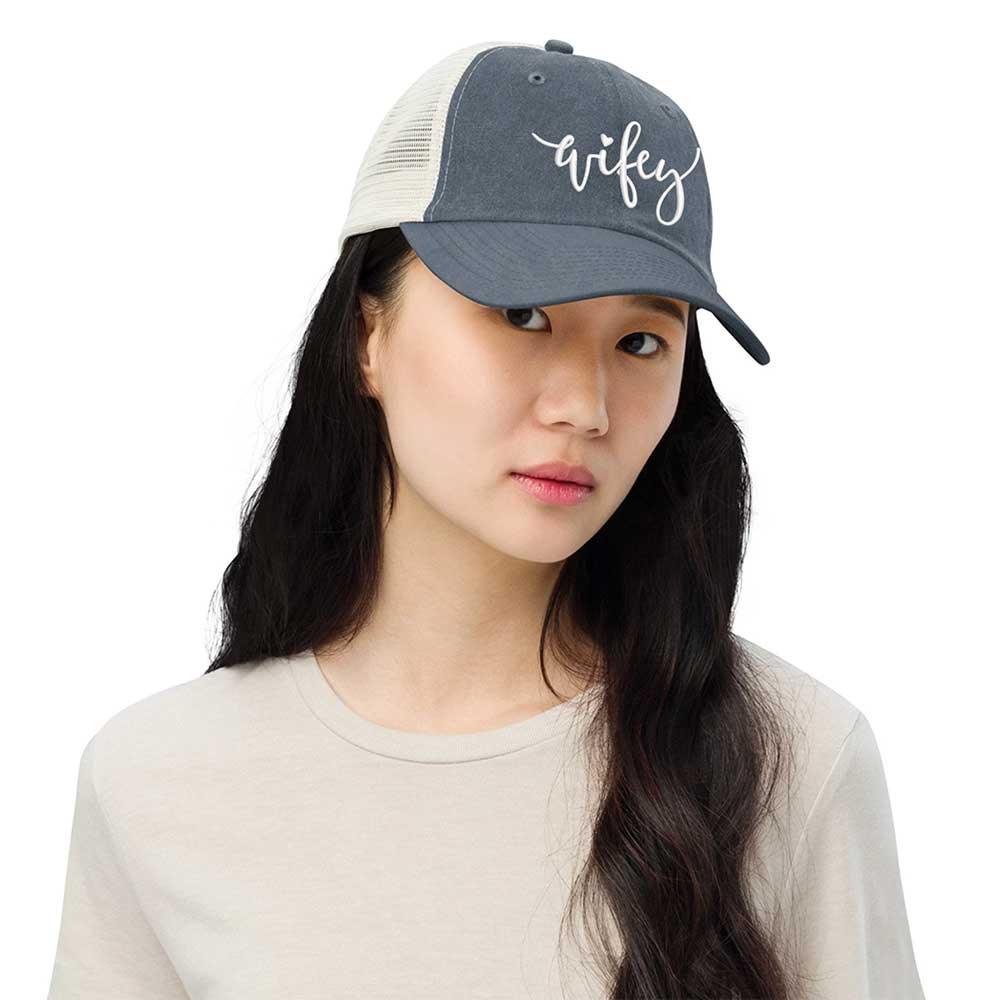 Embroidered Wifey/Hubby Pigment-Dyed Trucker Hat – Anniversary Gift Cap