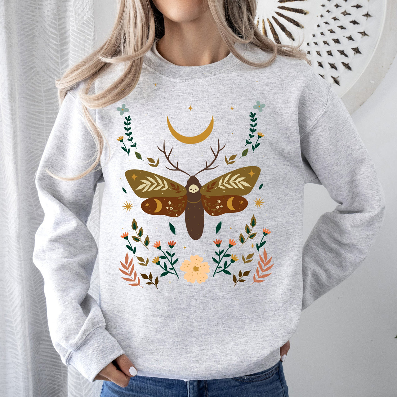 Enchanted Moth Garden Floral Print Nature Scene Botanical Garden Artwork Sweatshirt