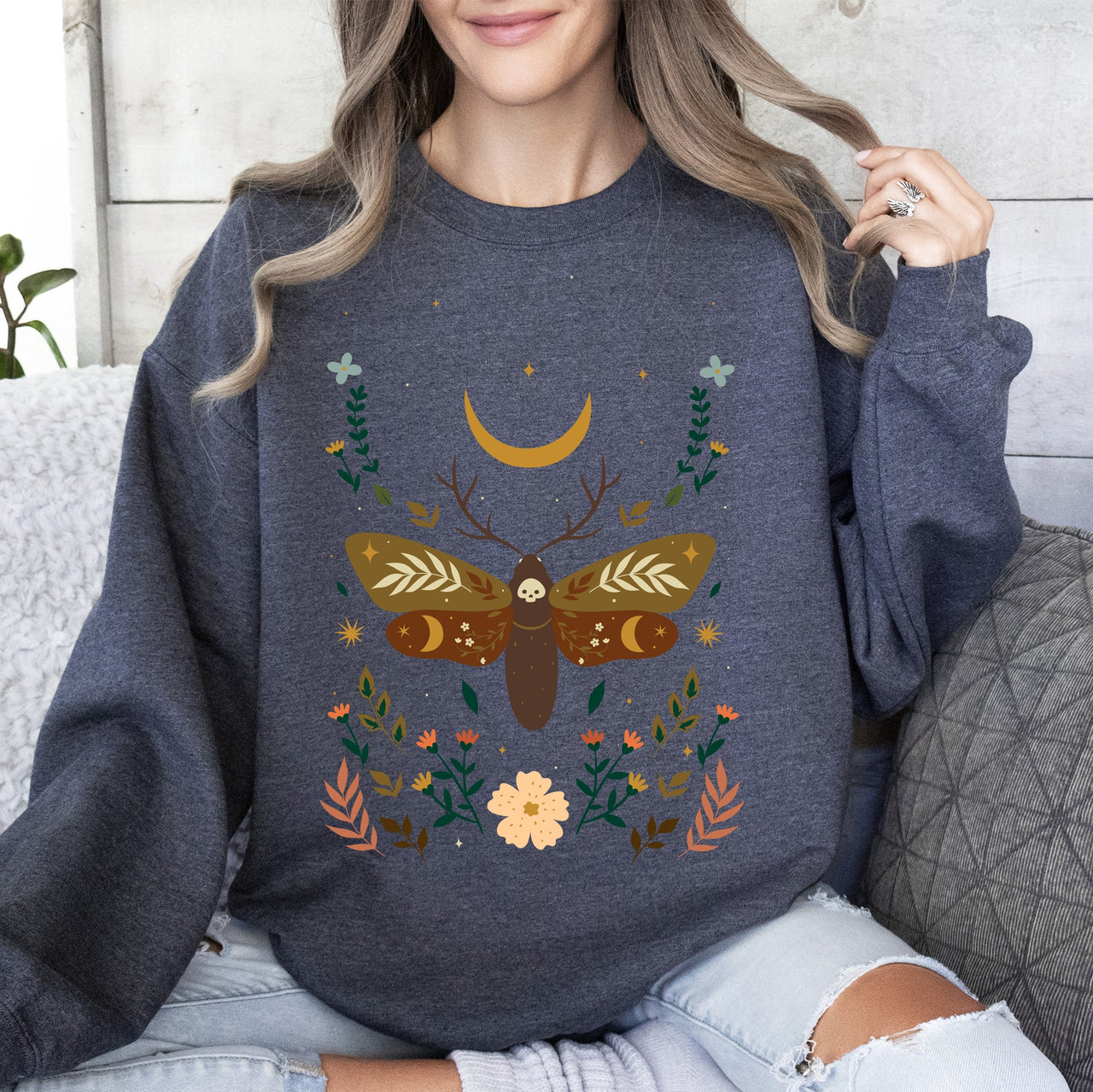 Enchanted Moth Garden Floral Print Nature Scene Botanical Garden Artwork Sweatshirt