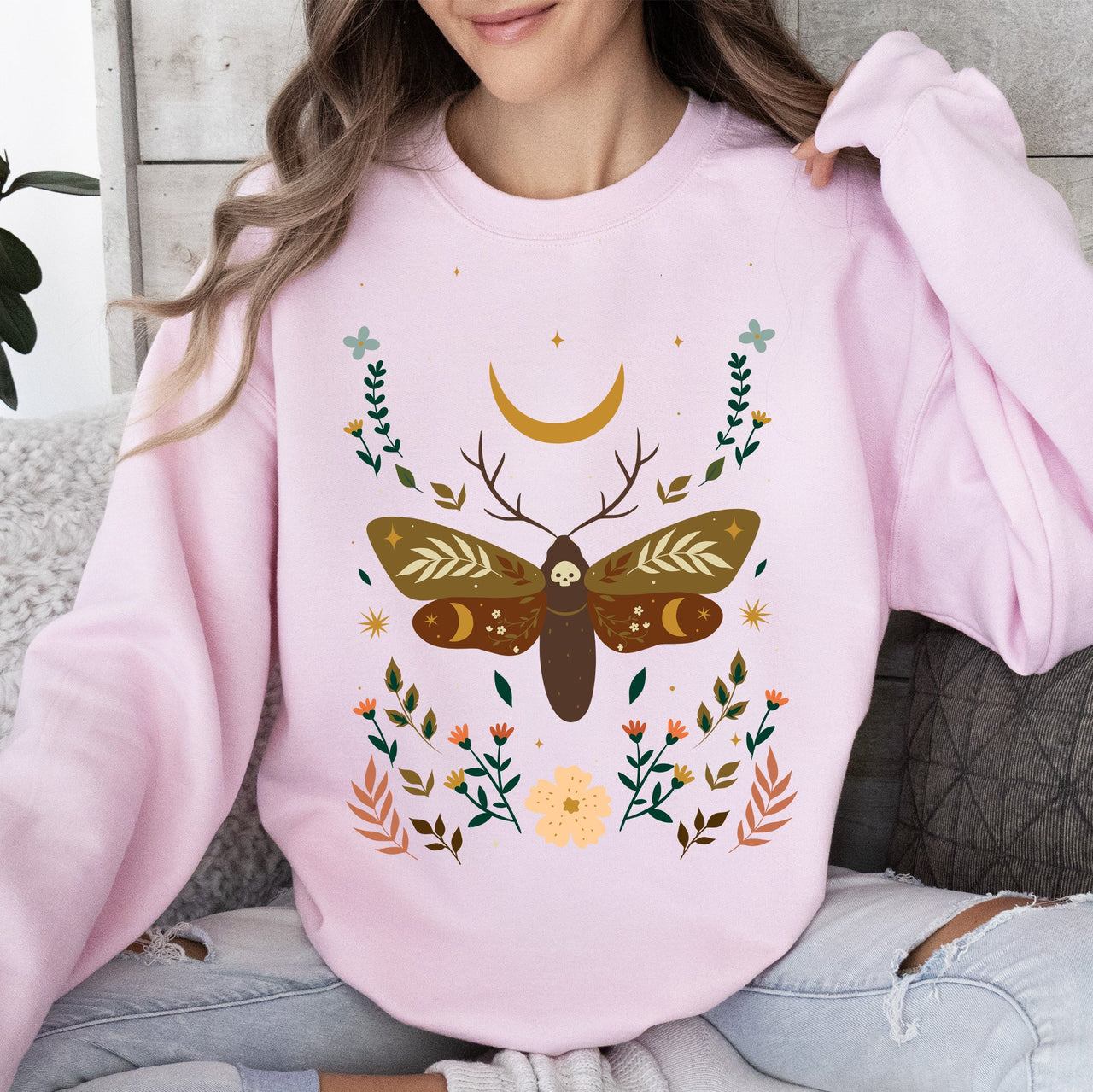 Enchanted Moth Garden Floral Print Nature Scene Botanical Garden Artwork Sweatshirt