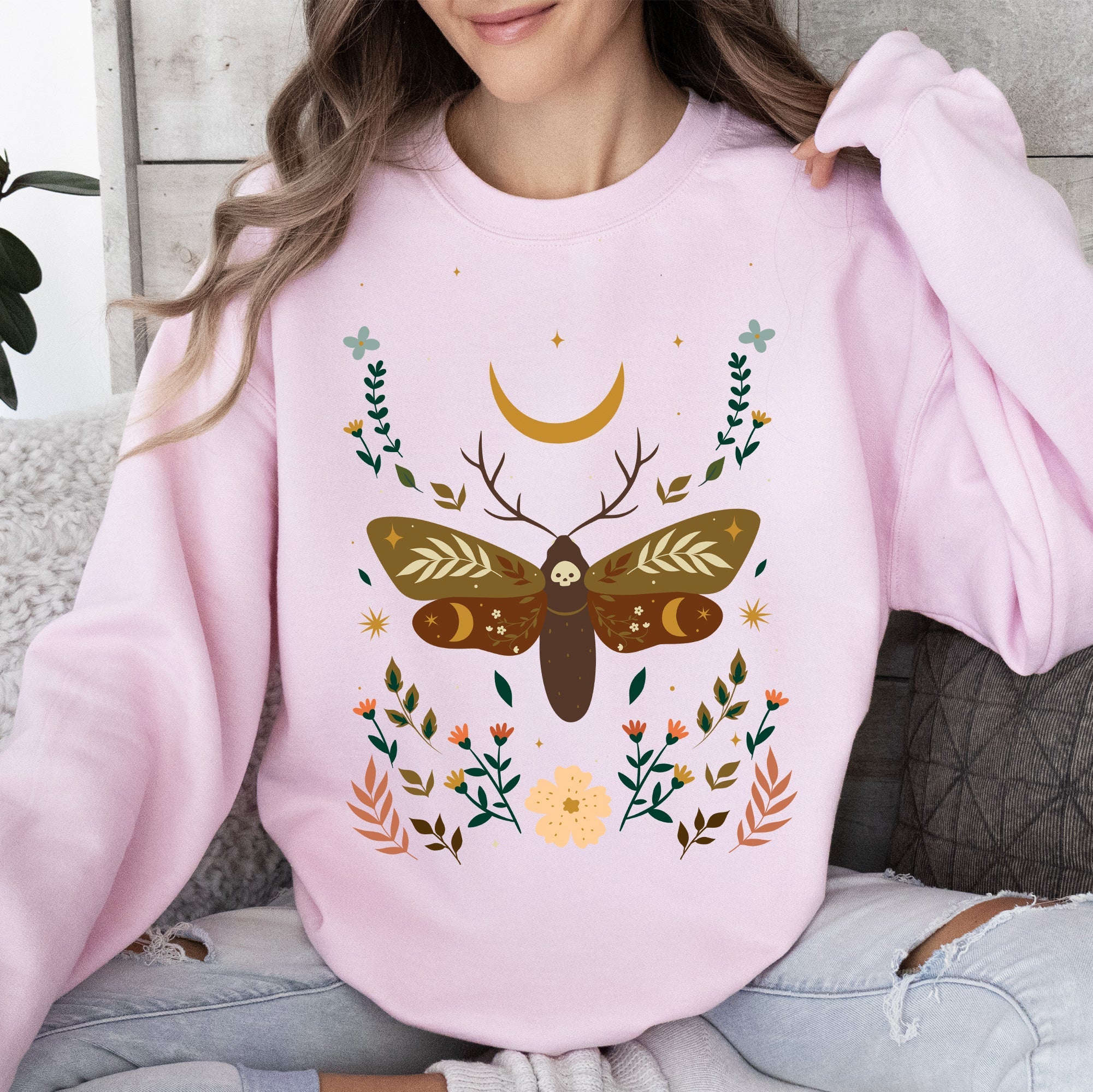 Enchanted Moth Garden Floral Print Nature Scene Botanical Garden Artwork Sweatshirt