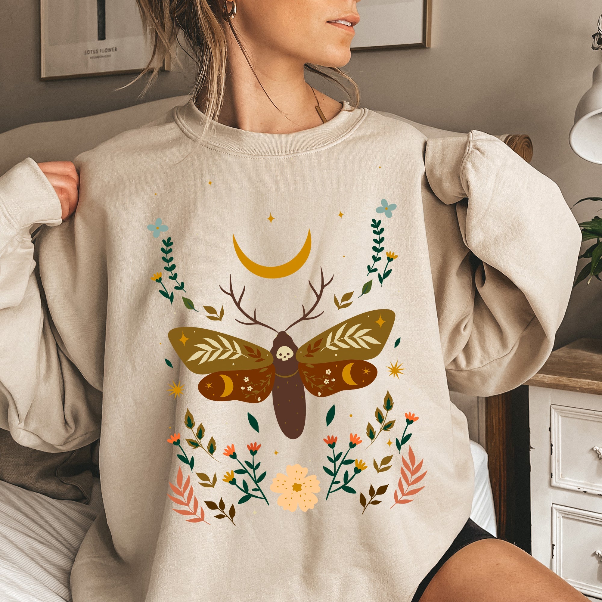 Enchanted Moth Garden Floral Print Nature Scene Botanical Garden Artwork Sweatshirt