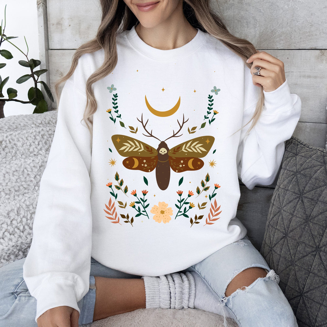 Enchanted Moth Garden Floral Print Nature Scene Botanical Garden Artwork Sweatshirt
