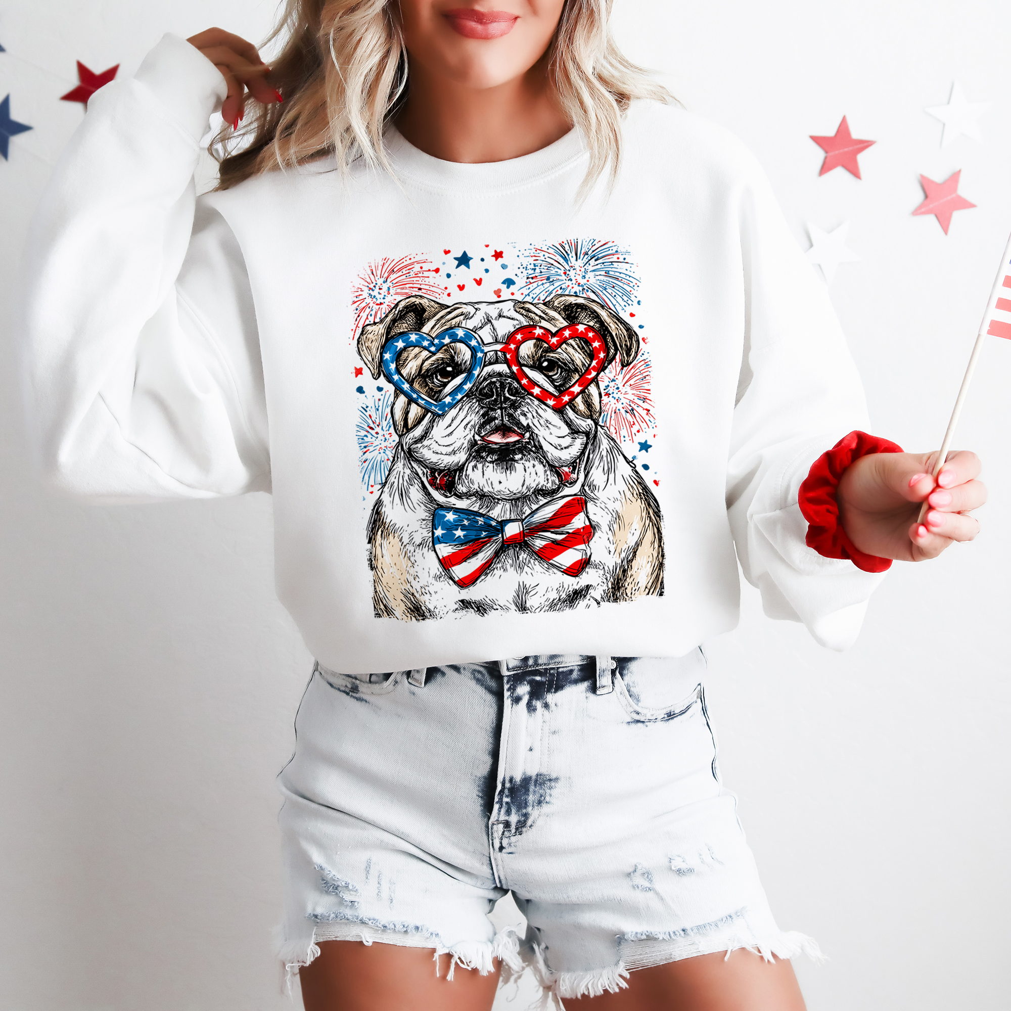 English Bulldog Patriotic USA America Pet Lover 4th of July American Flag Emblem Sweatshirt