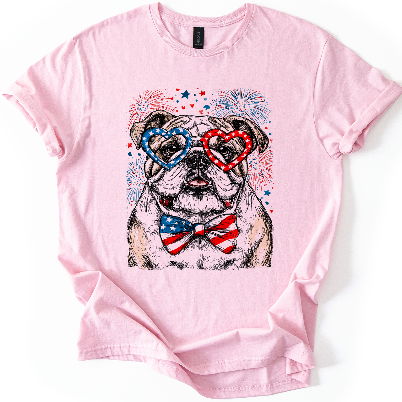 English Bulldog Patriotic Dog With American Flag Emblems For Fourth Of July Celebration Graphic Tee
