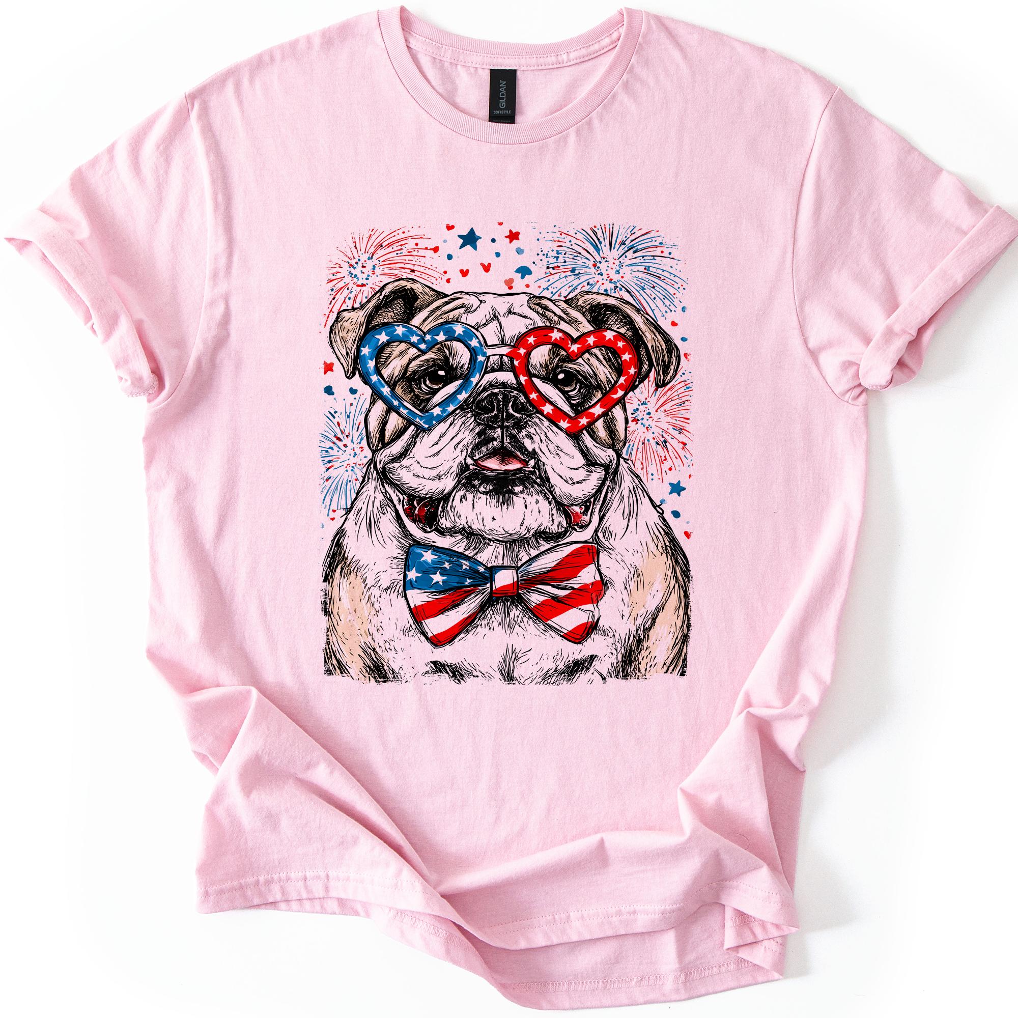 English Bulldog Patriotic Dog With American Flag Emblems For Fourth Of July Celebration Graphic Tee