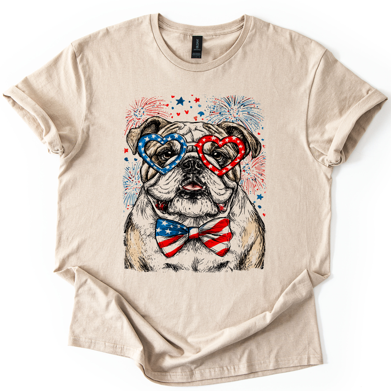 English Bulldog Patriotic Dog With American Flag Emblems For Fourth Of July Celebration Graphic Tee
