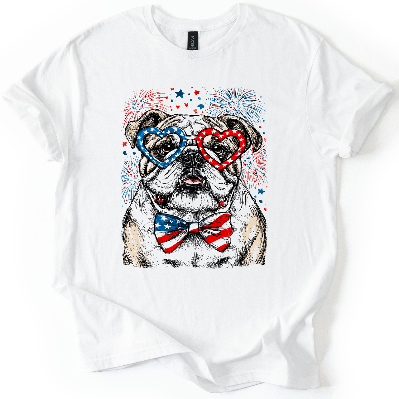 English Bulldog Patriotic Dog With American Flag Emblems For Fourth Of July Celebration Graphic Tee