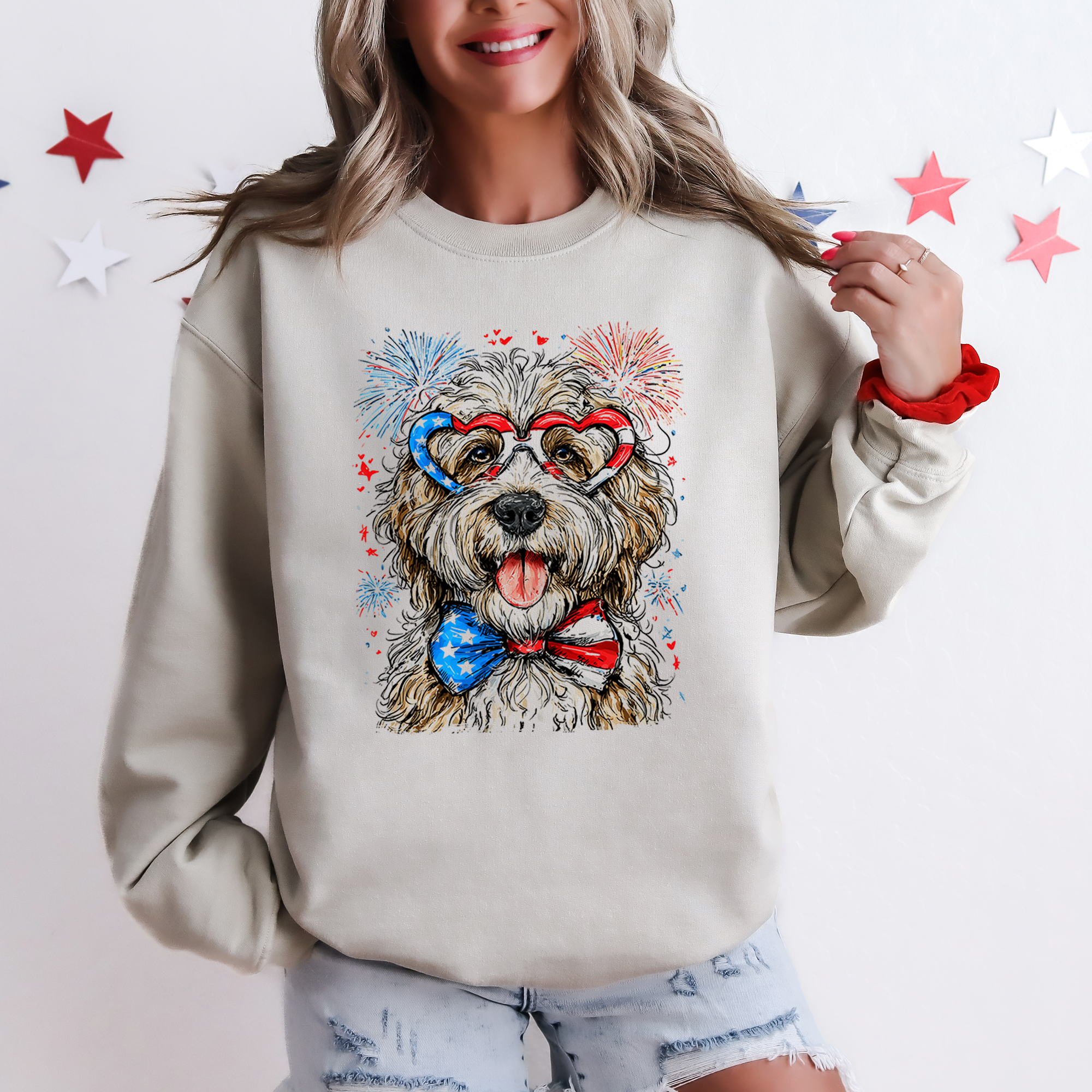 English Sheepdog Patriotic 4th of July Dog Proud American Flag Art Vintage Sweatshirt
