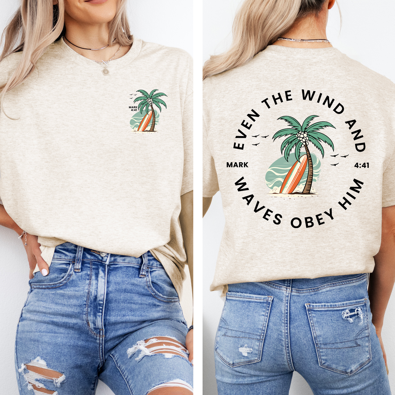 Even The Wind And The Waves Christian Bible Verse Pattern Beachy Back Print Graphic Tee