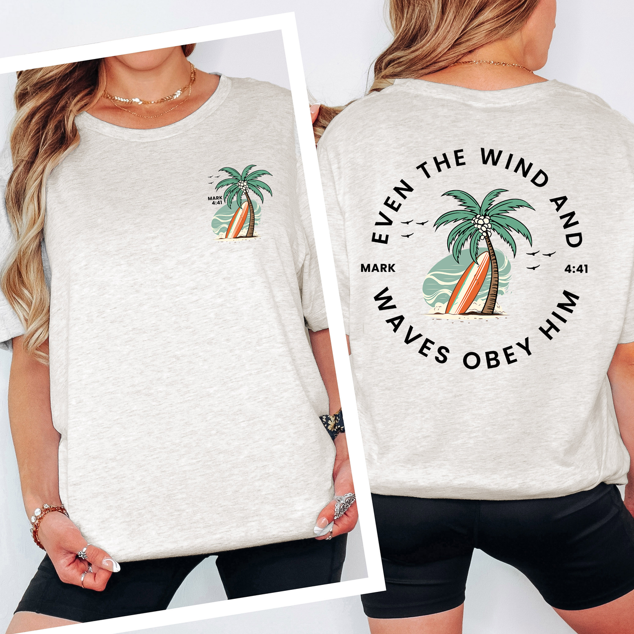Even The Wind And The Waves Christian Bible Verse Pattern Beachy Back Print Graphic Tee