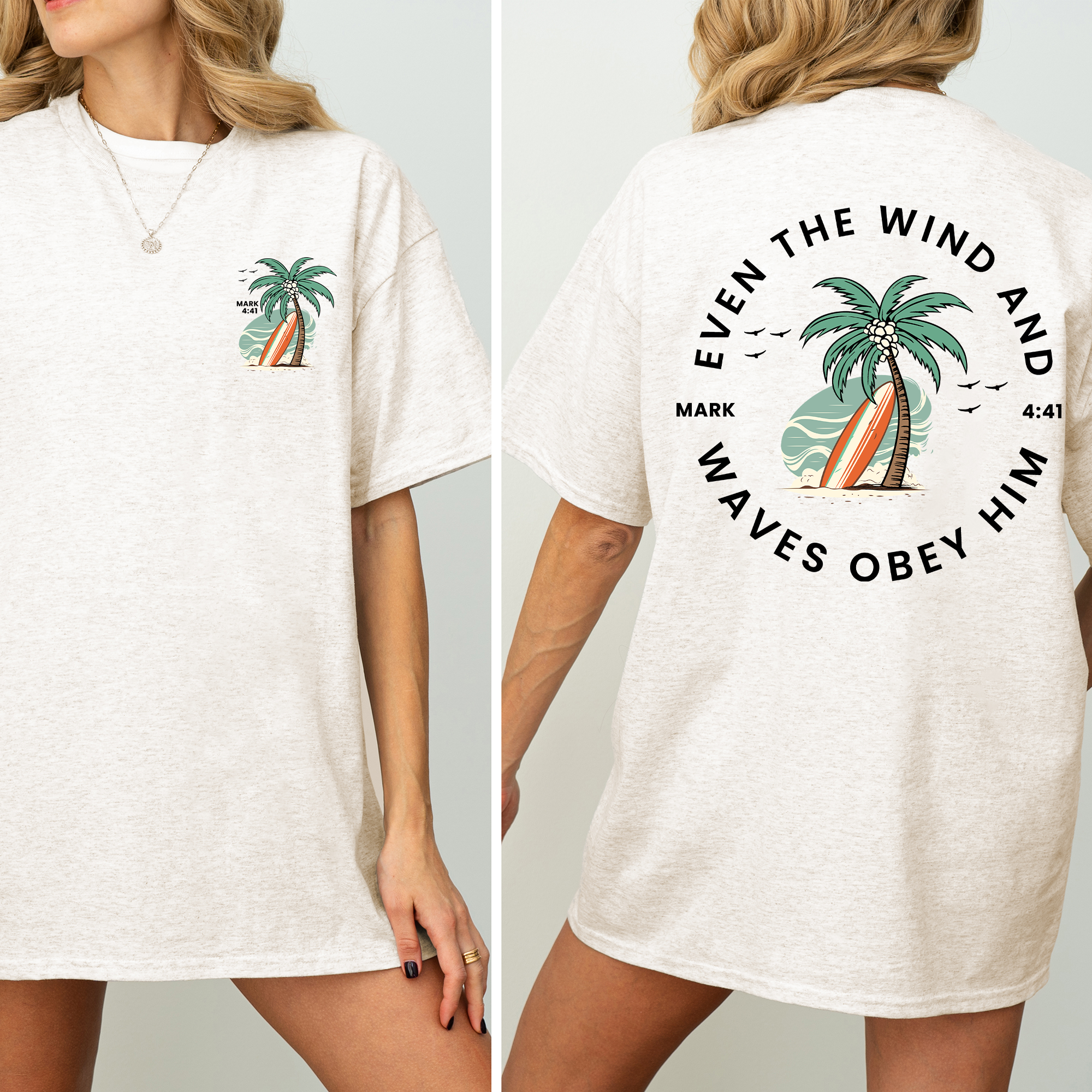 Even The Wind And The Waves Christian Bible Verse Pattern Beachy Back Print Graphic Tee