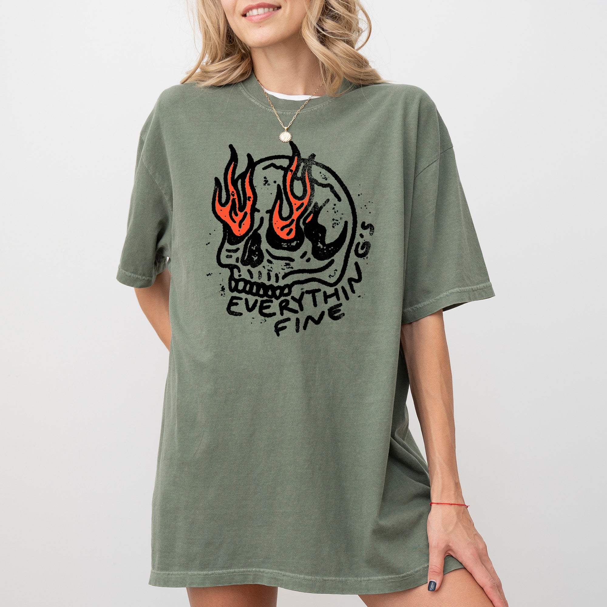 Everything's Fine Skeleton Fire Halloween Meme Graphic Illustration Edition Comfort Colors Tee