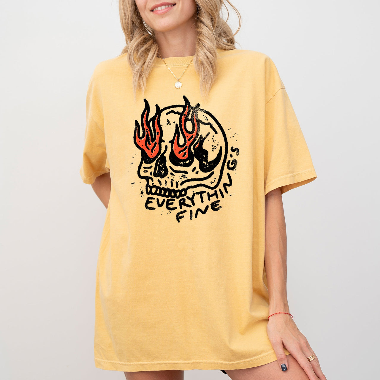 Everything's Fine Skeleton Fire Halloween Meme Graphic Illustration Edition Comfort Colors Tee