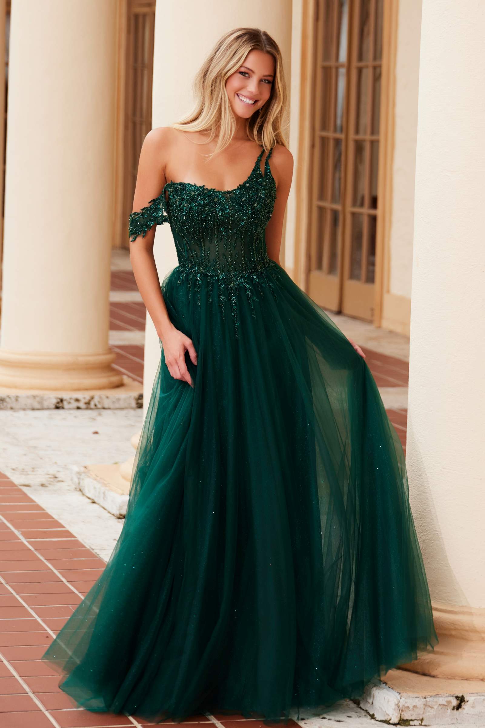 Nox Anabel F1567 Embroidered A-Line Sheer Boned Waistline Dress