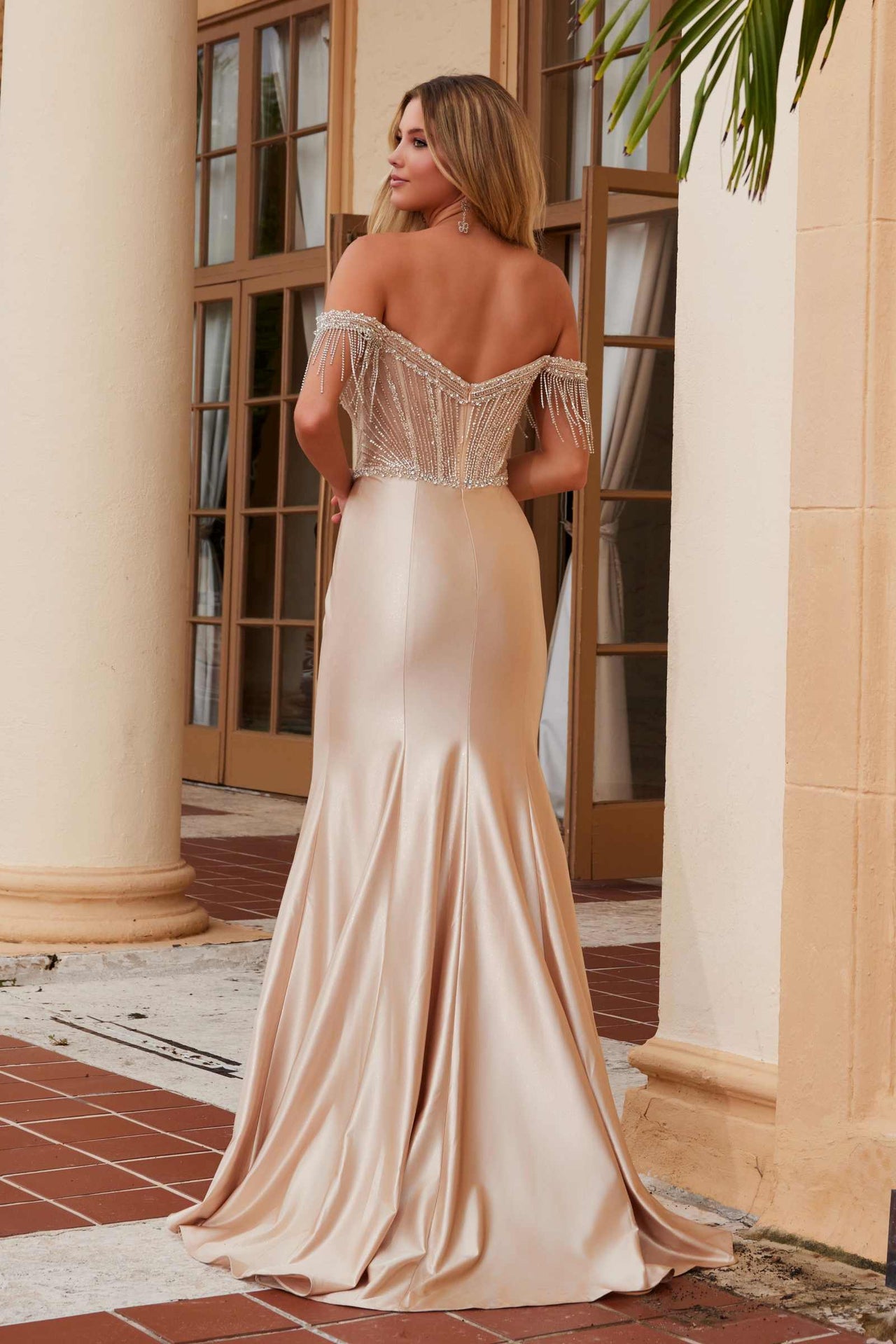Nox Anabel F1568 Satin Beaded Off-Shoulder Boned Waistline Dress