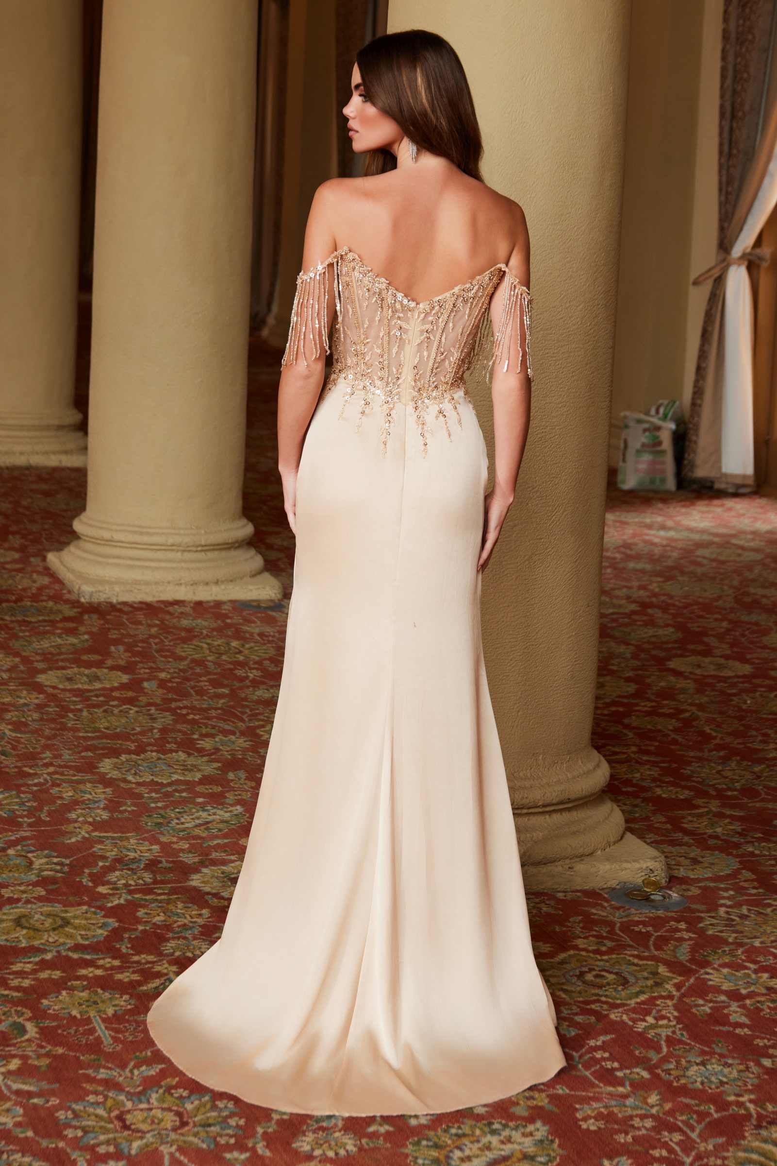 Nox Anabel F1571 Fringed Off-Shoulder Sequin Sweetheart Neckline Dress