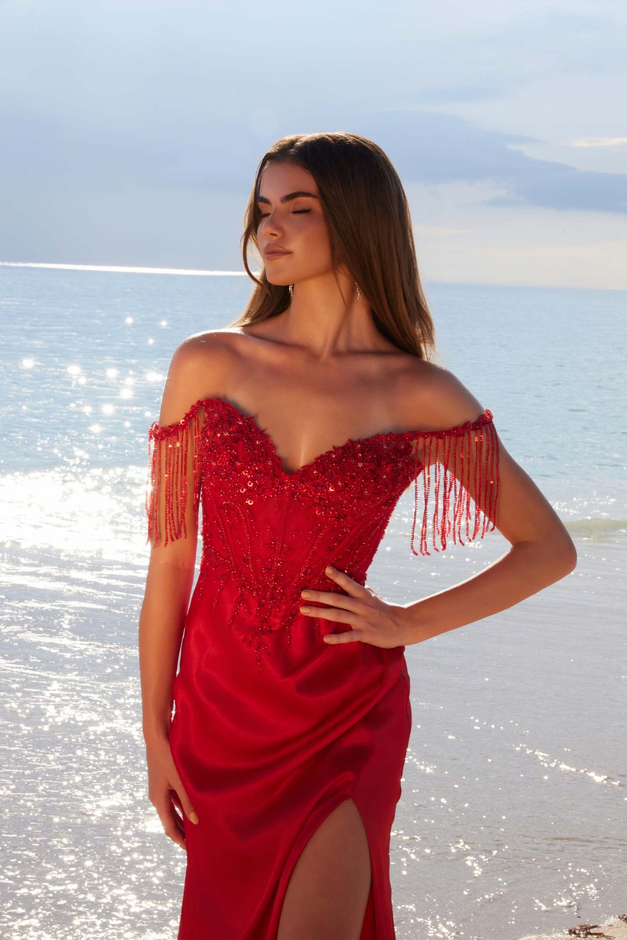 Nox Anabel F1571 Fringed Off-Shoulder Sequin Sweetheart Neckline Dress