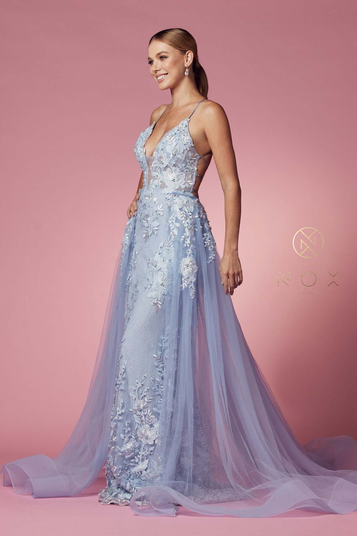 Nox Anabel F485 Lace and Beads Mermaid Gown Chiffon Overskirt