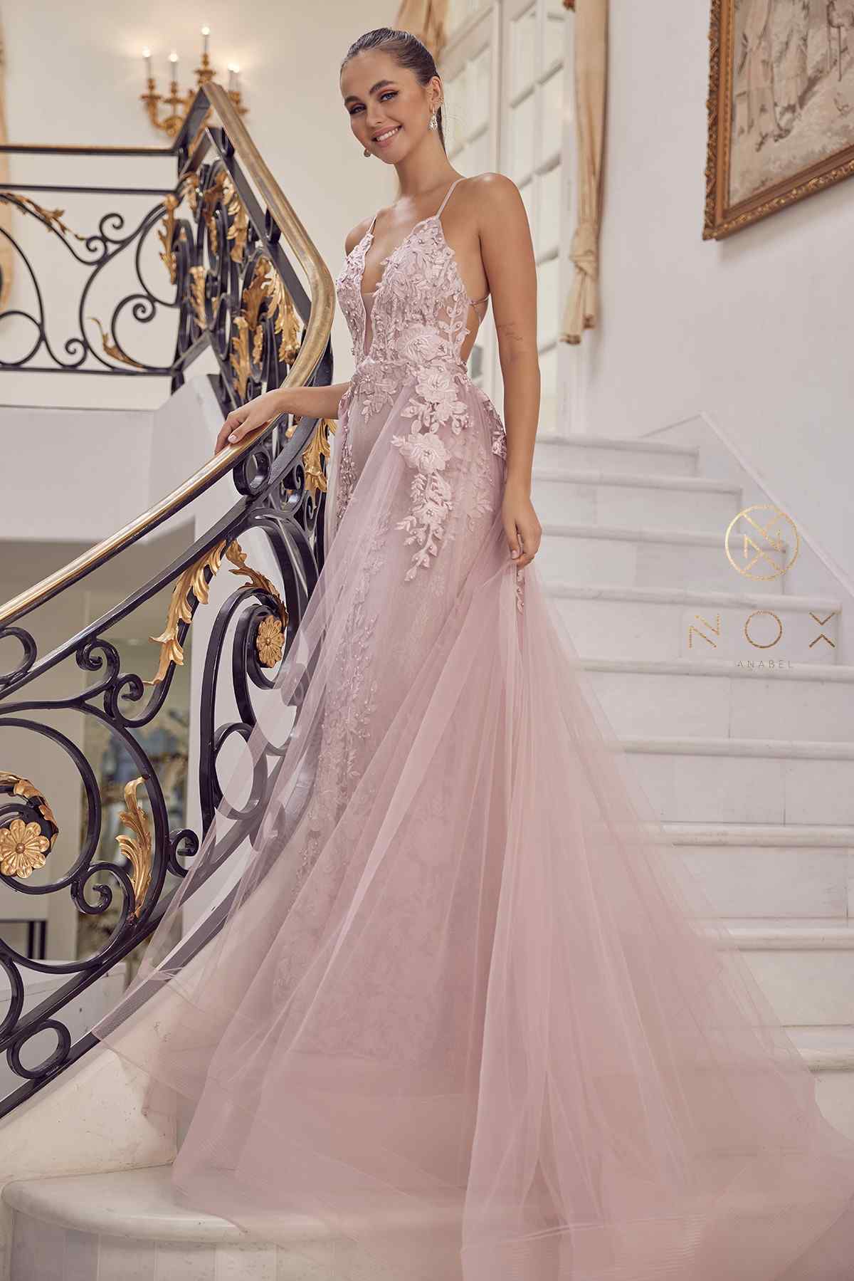 Nox Anabel F485 Lace and Beads Mermaid Gown Chiffon Overskirt