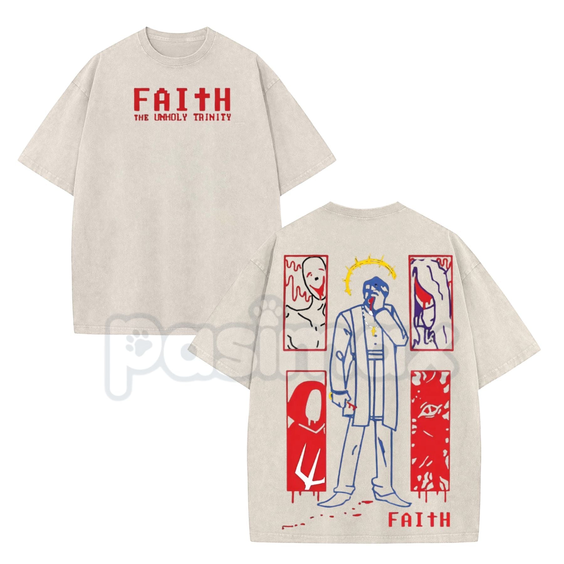 FAITH Horror Game Vintage Washed Tee – 8-Bit Retro Unholy Trinity Heavyweight Cotton T-Shirt