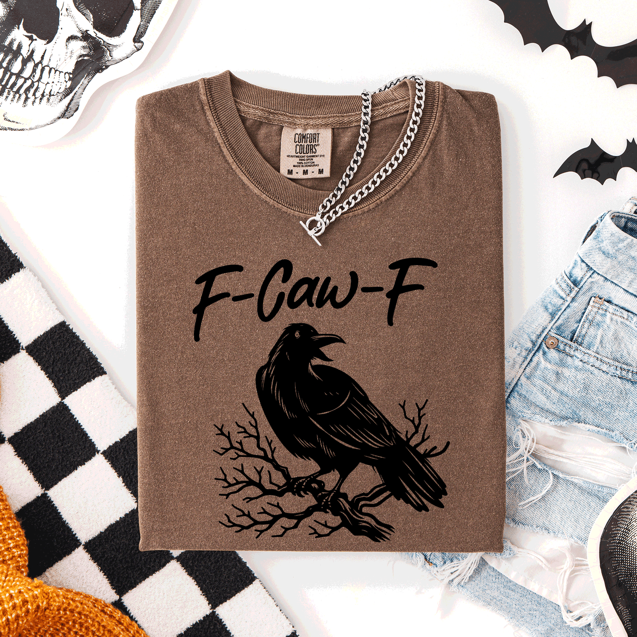 F Caw F Raven Crow Halloween Gothic Witch Spooky Nightfall Velvet Shadows Comfort Colors Tee