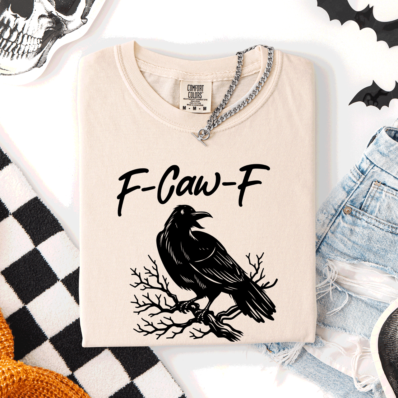 F Caw F Raven Crow Halloween Gothic Witch Spooky Nightfall Velvet Shadows Comfort Colors Tee