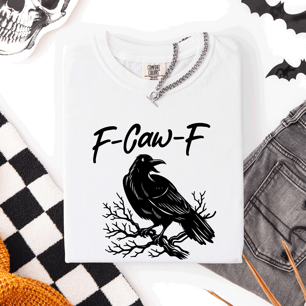 F Caw F Raven Crow Halloween Gothic Witch Spooky Nightfall Velvet Shadows Comfort Colors Tee