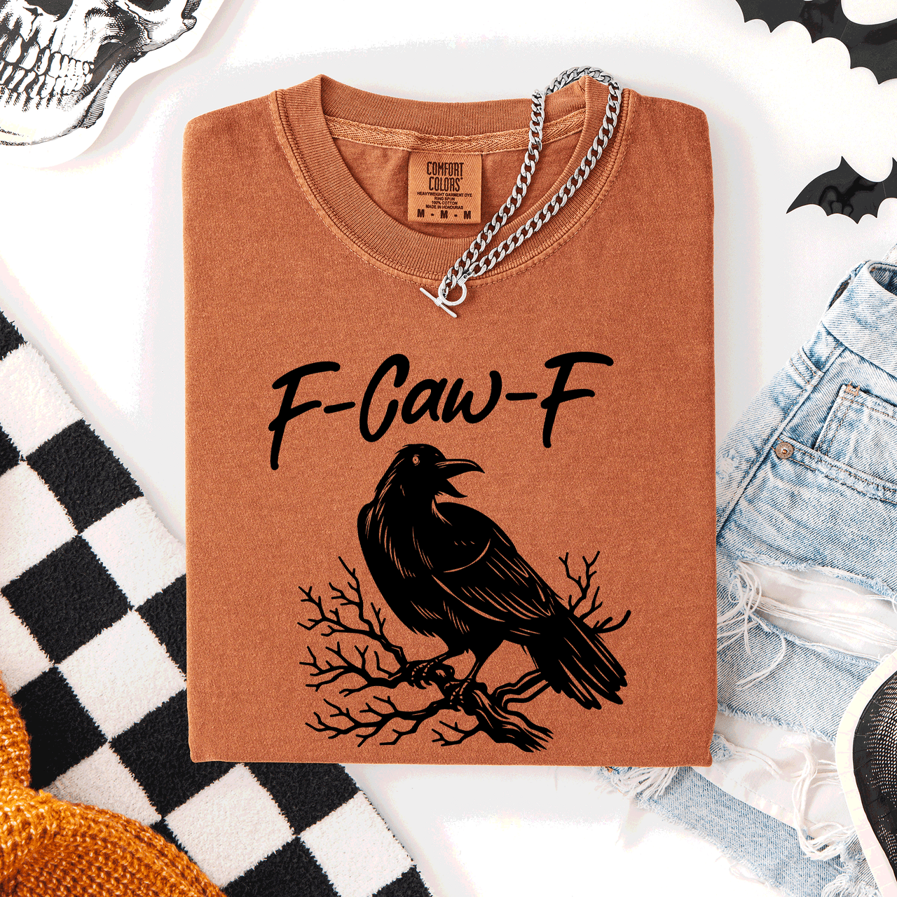 F Caw F Raven Crow Halloween Gothic Witch Spooky Nightfall Velvet Shadows Comfort Colors Tee