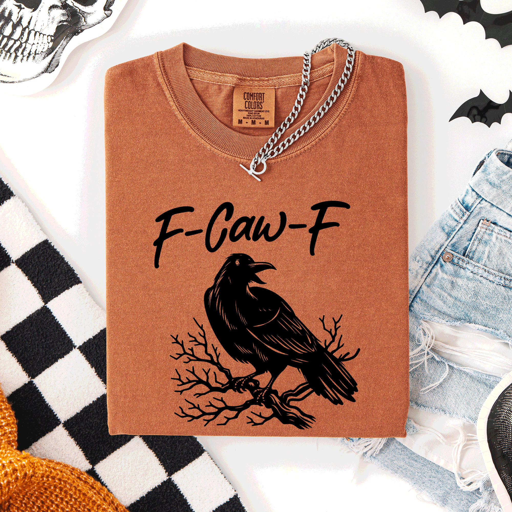 F Caw F Raven Crow Halloween Gothic Witch Spooky Nightfall Velvet Shadows Comfort Colors Tee