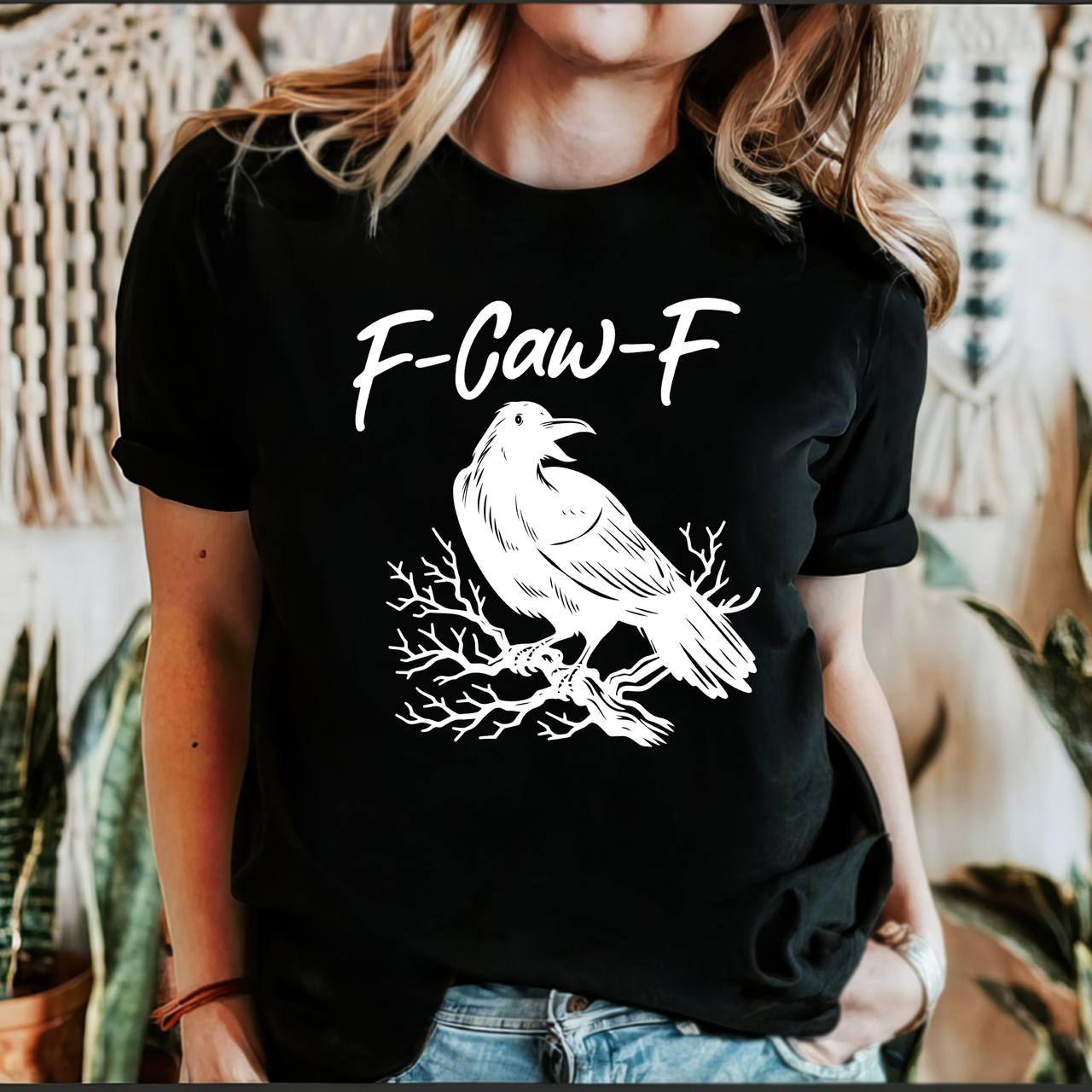 F Caw F Raven Crow Gothic Halloween Spooky Funny Dark Humor Edgy Nightmare Comic Noir Graphic Tee