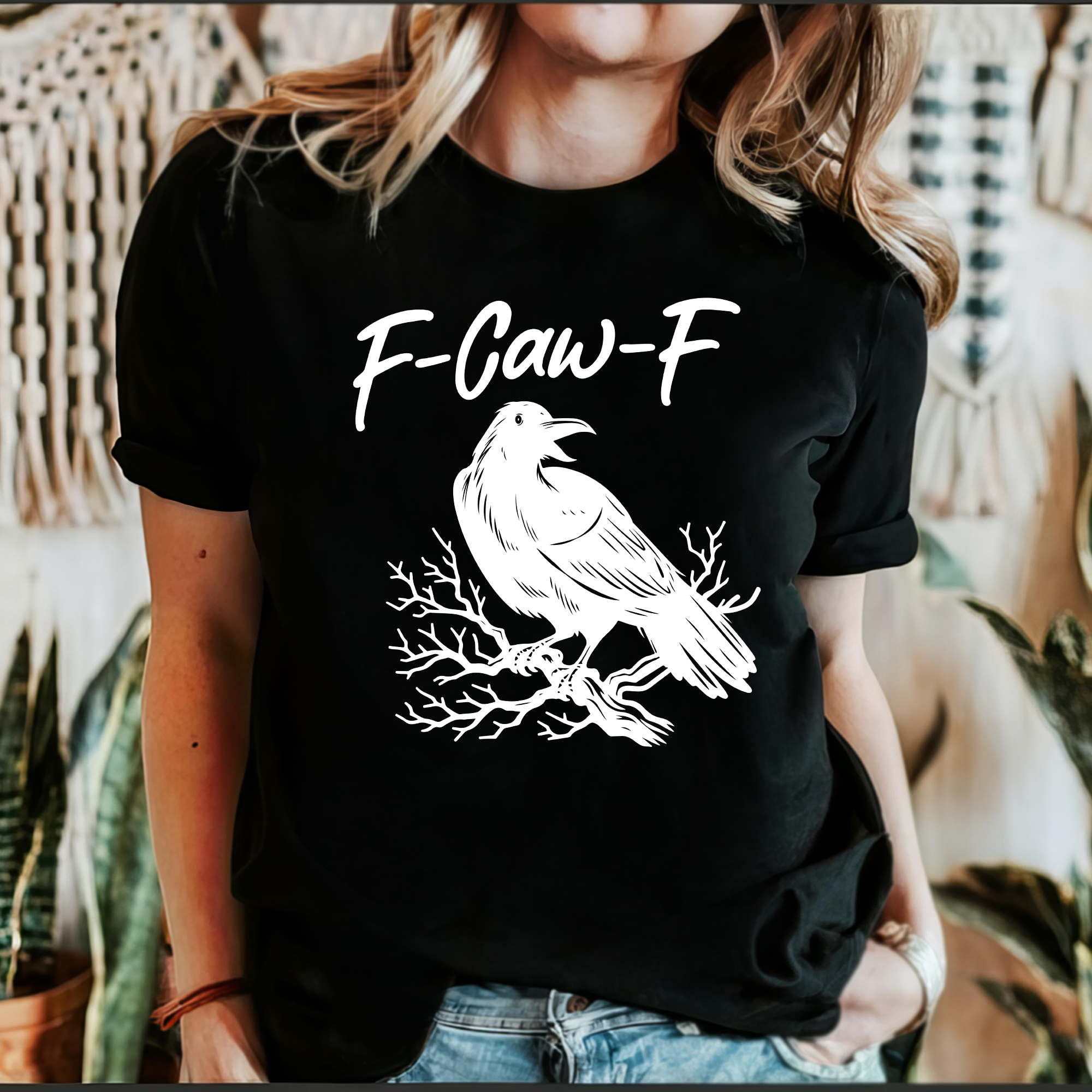 F Caw F Raven Crow Gothic Halloween Spooky Funny Dark Humor Edgy Nightmare Comic Noir Graphic Tee