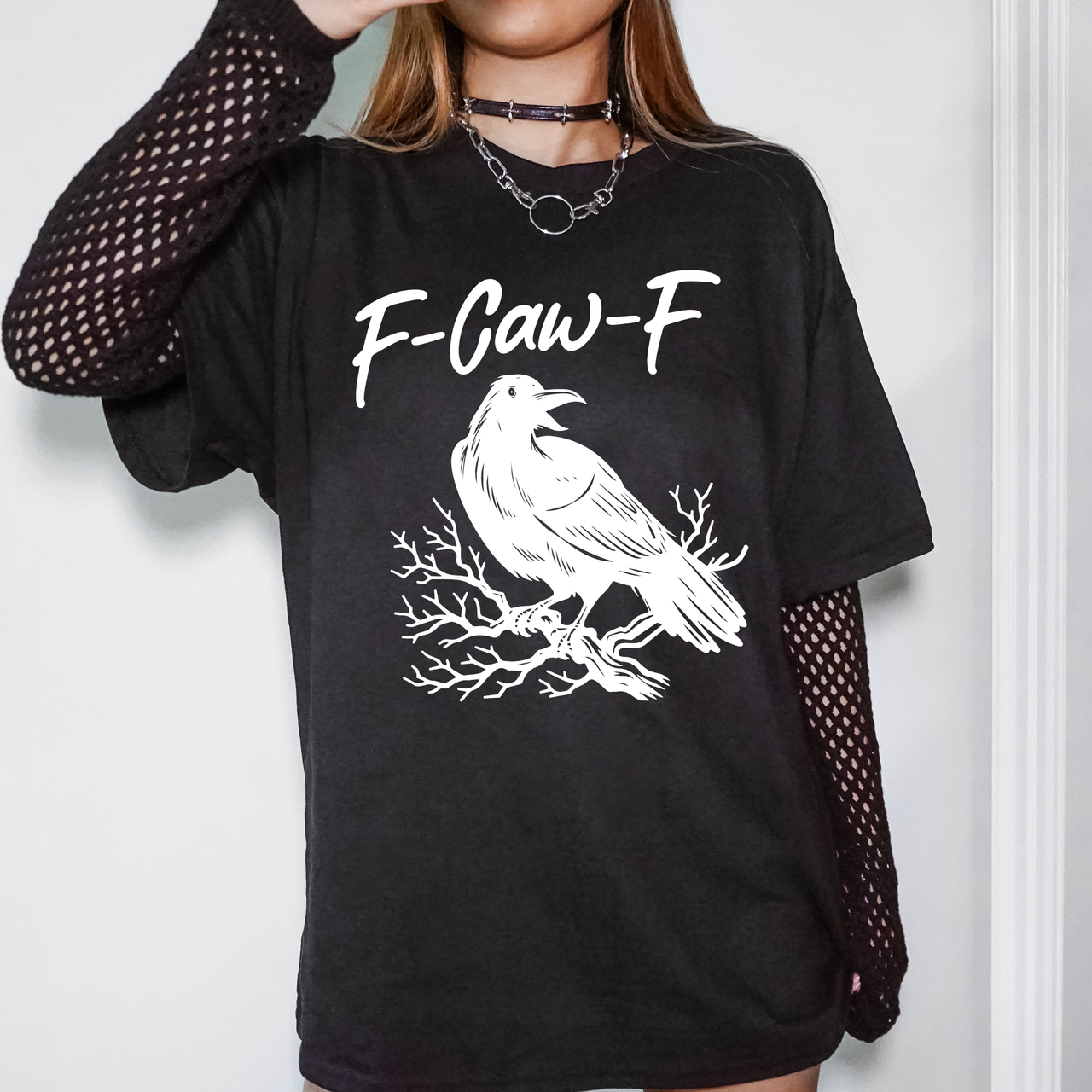 F Caw F Raven Crow Gothic Halloween Spooky Funny Dark Humor Edgy Nightmare Comic Noir Graphic Tee